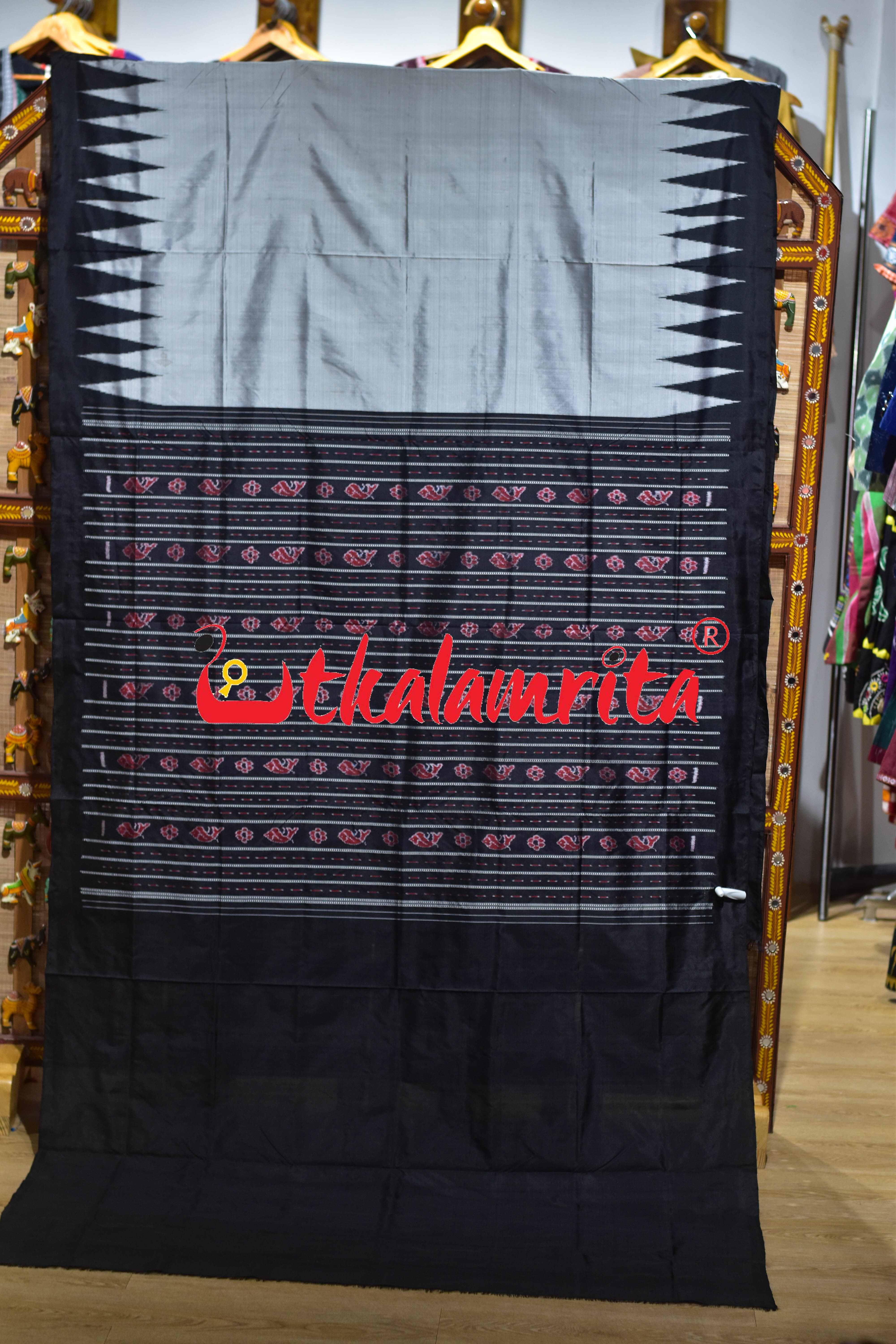 Grey Black Kumbha Bandha Anchal Sambalpuri Silk Saree
