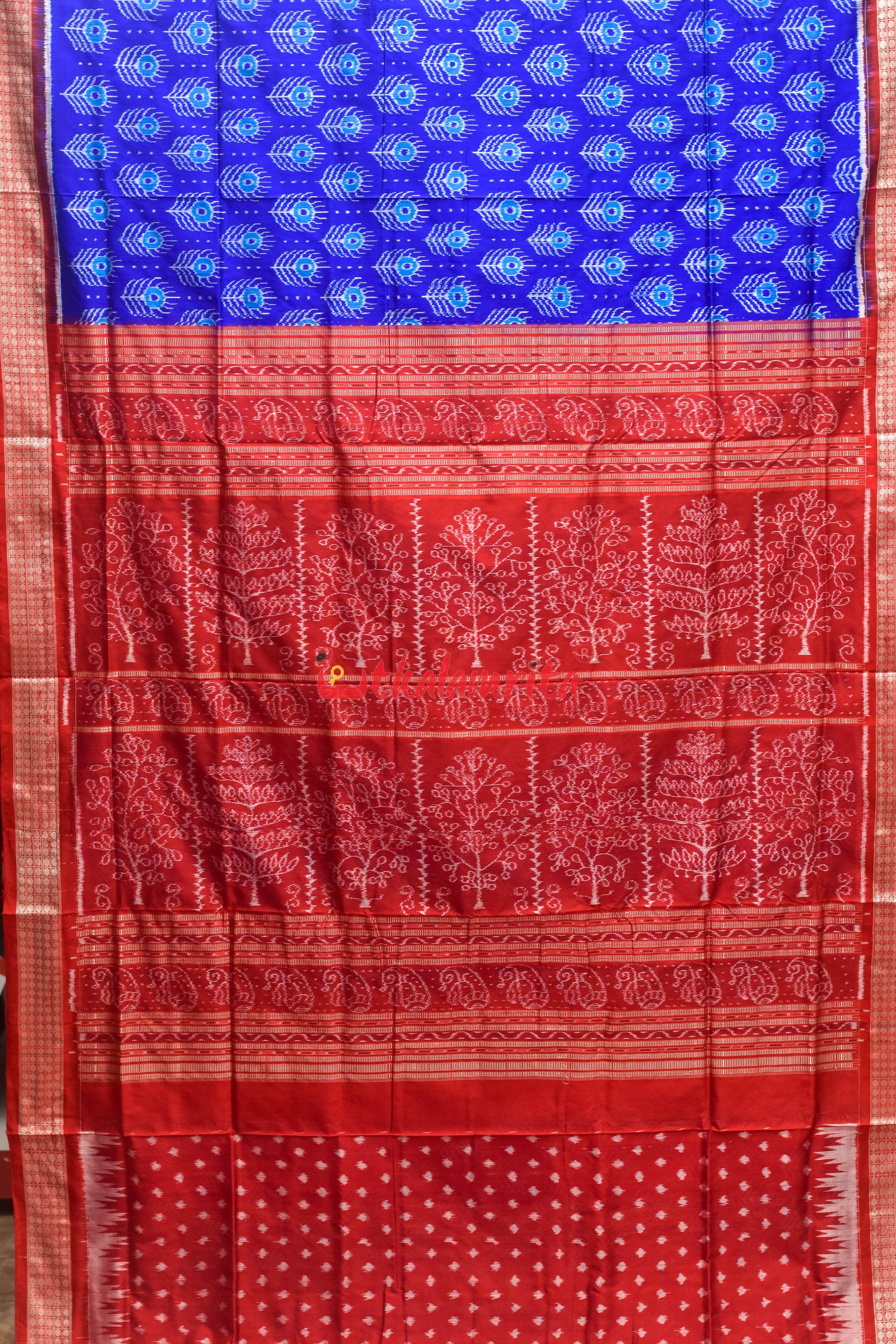 Blue Red Mayurapucha Sambalpuri Silk Saree