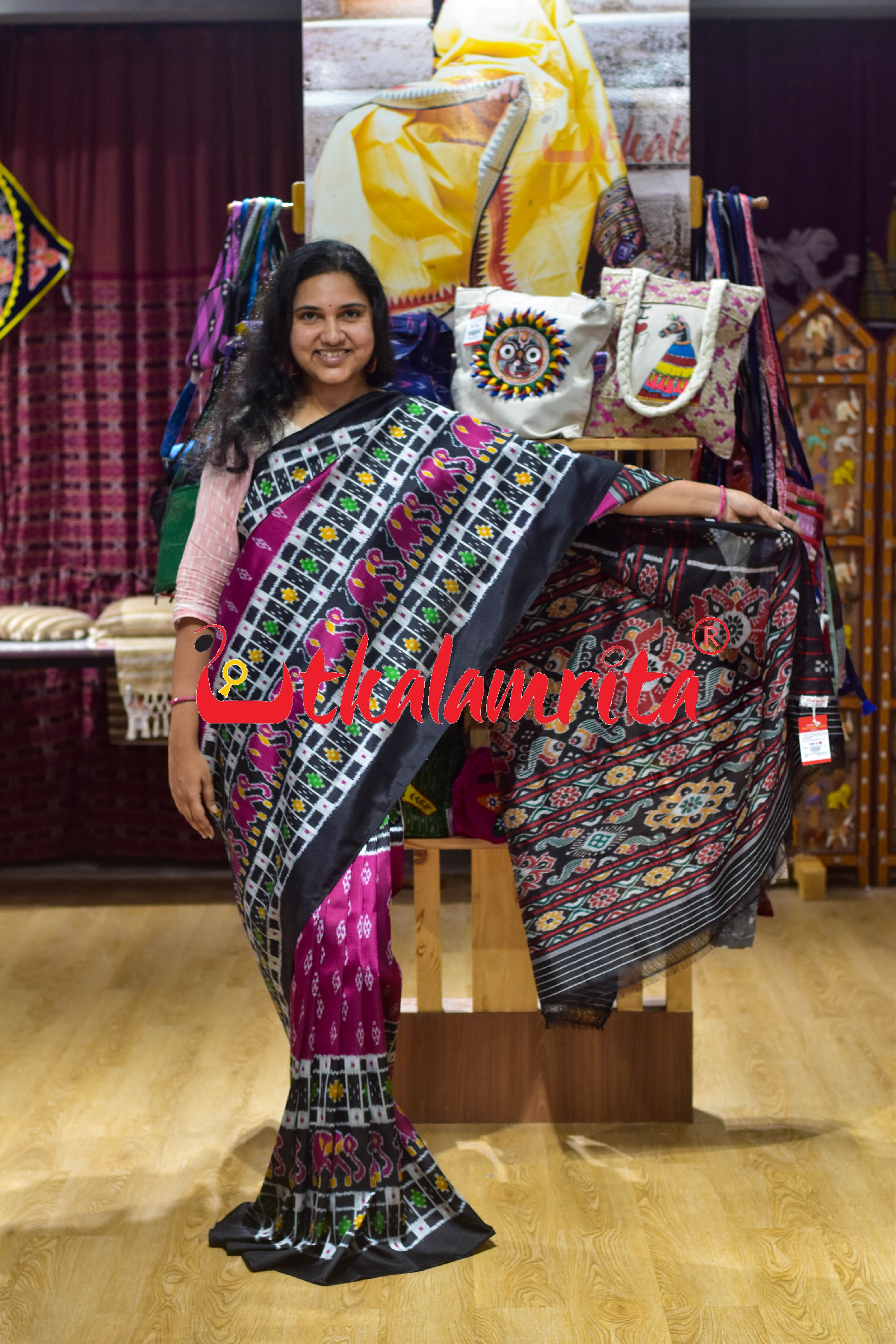 Purple Black Border Elephant Pasapali Khandua Silk Saree