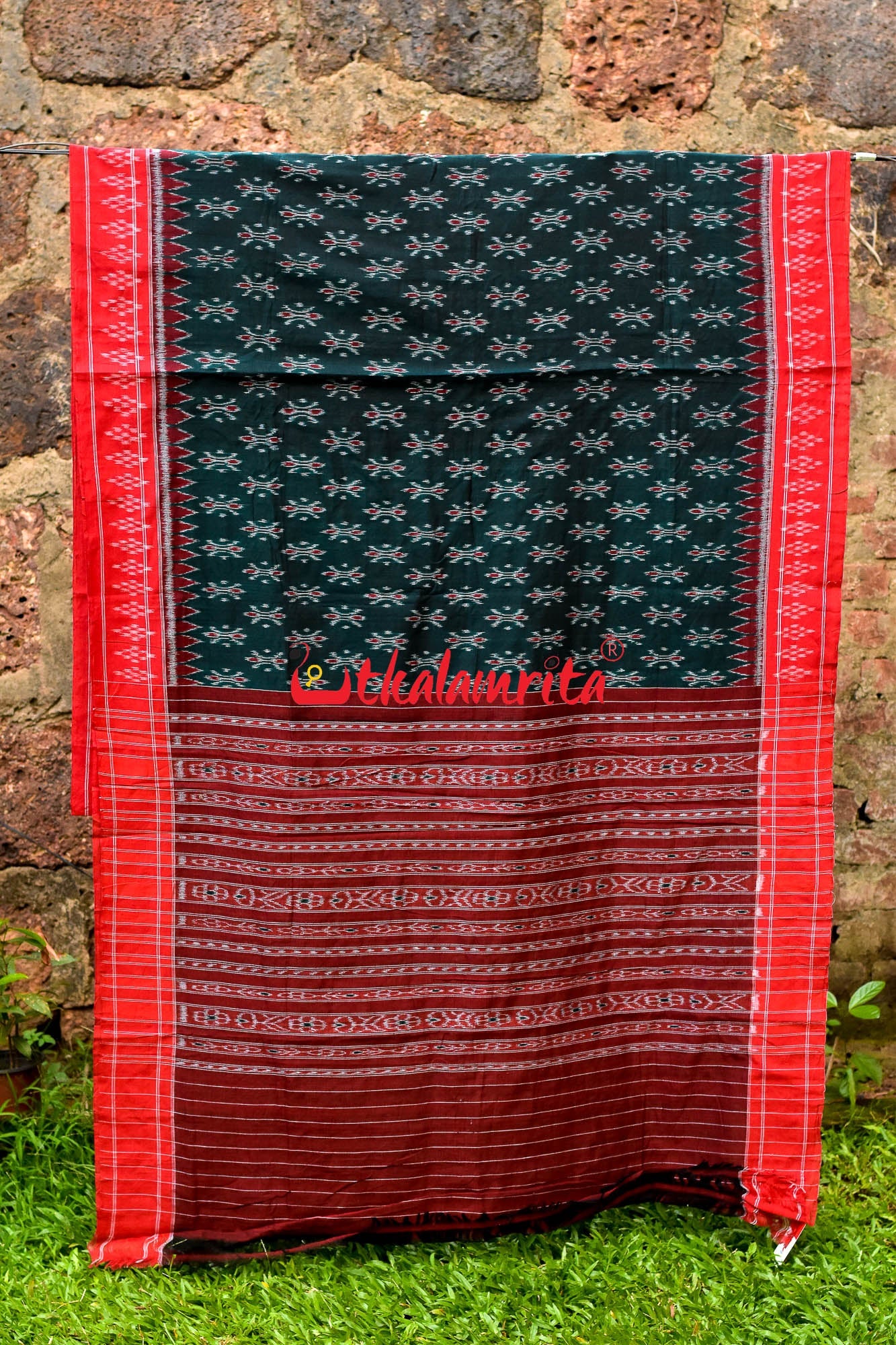 Bottle Green Damru Khandua Pasapali Border Cotton Saree