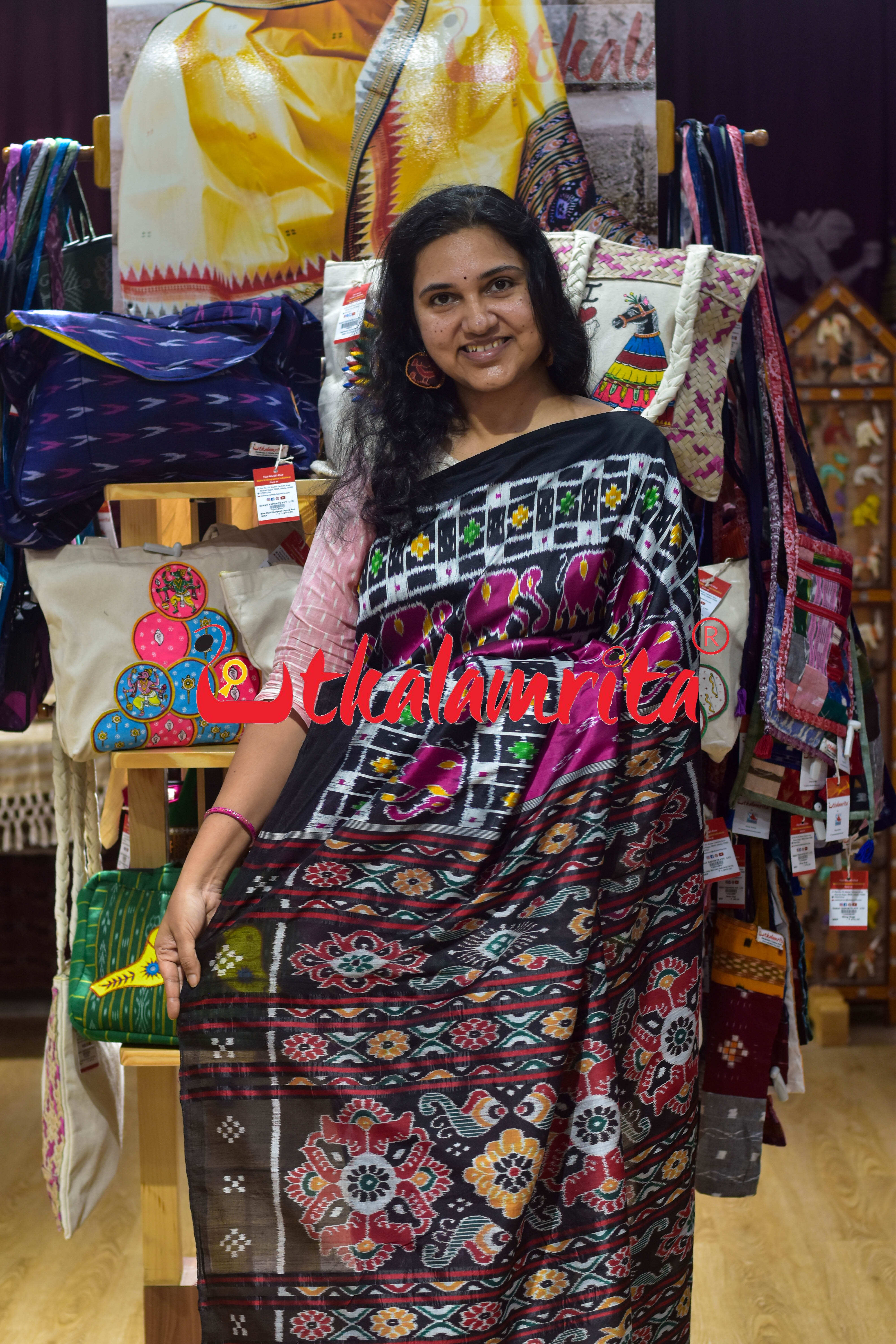 Purple Black Border Elephant Pasapali Khandua Silk Saree