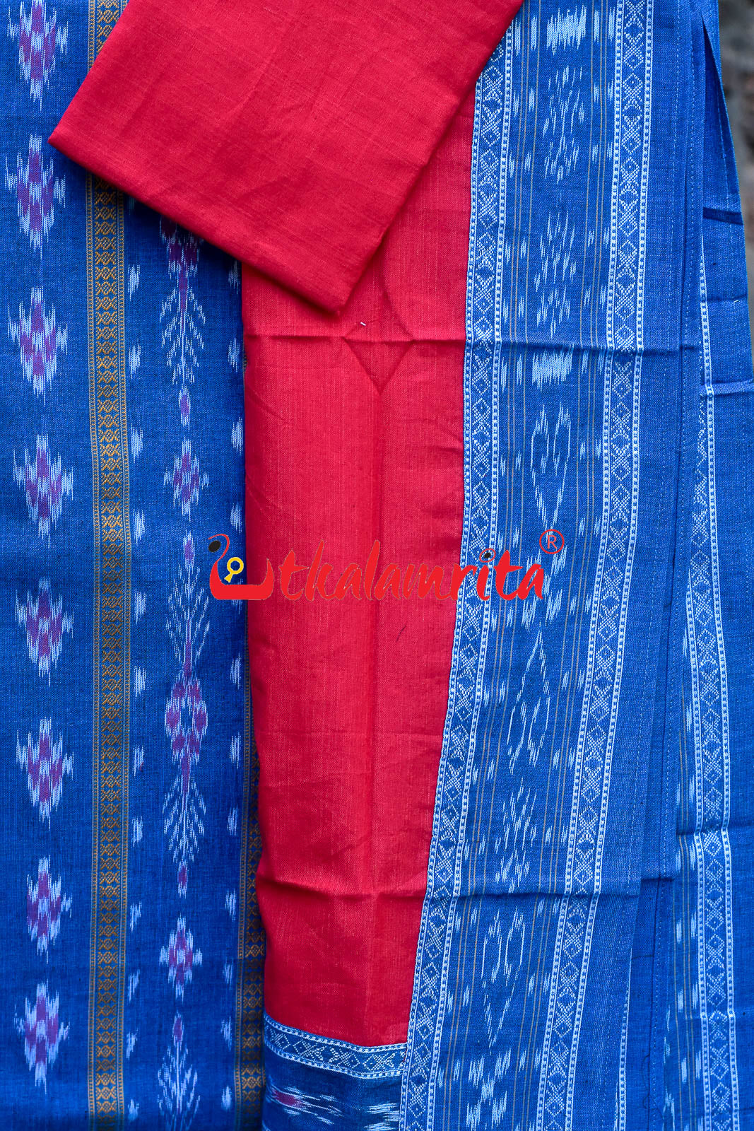 Tea Blue Red Pasapali Long Flower Bandha Dress Set