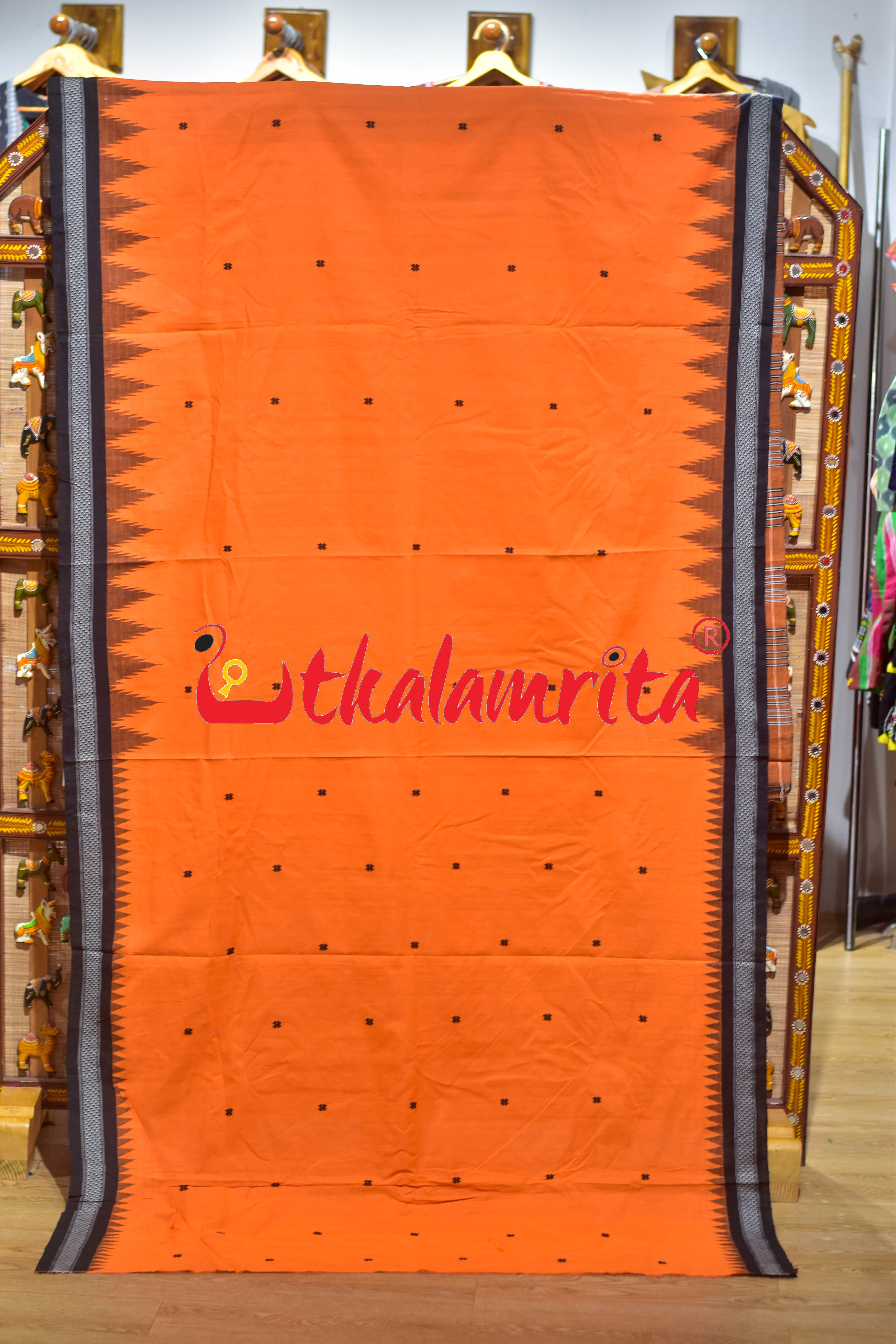 Orange Black Original Ganjam Bomkai Cotton Saree