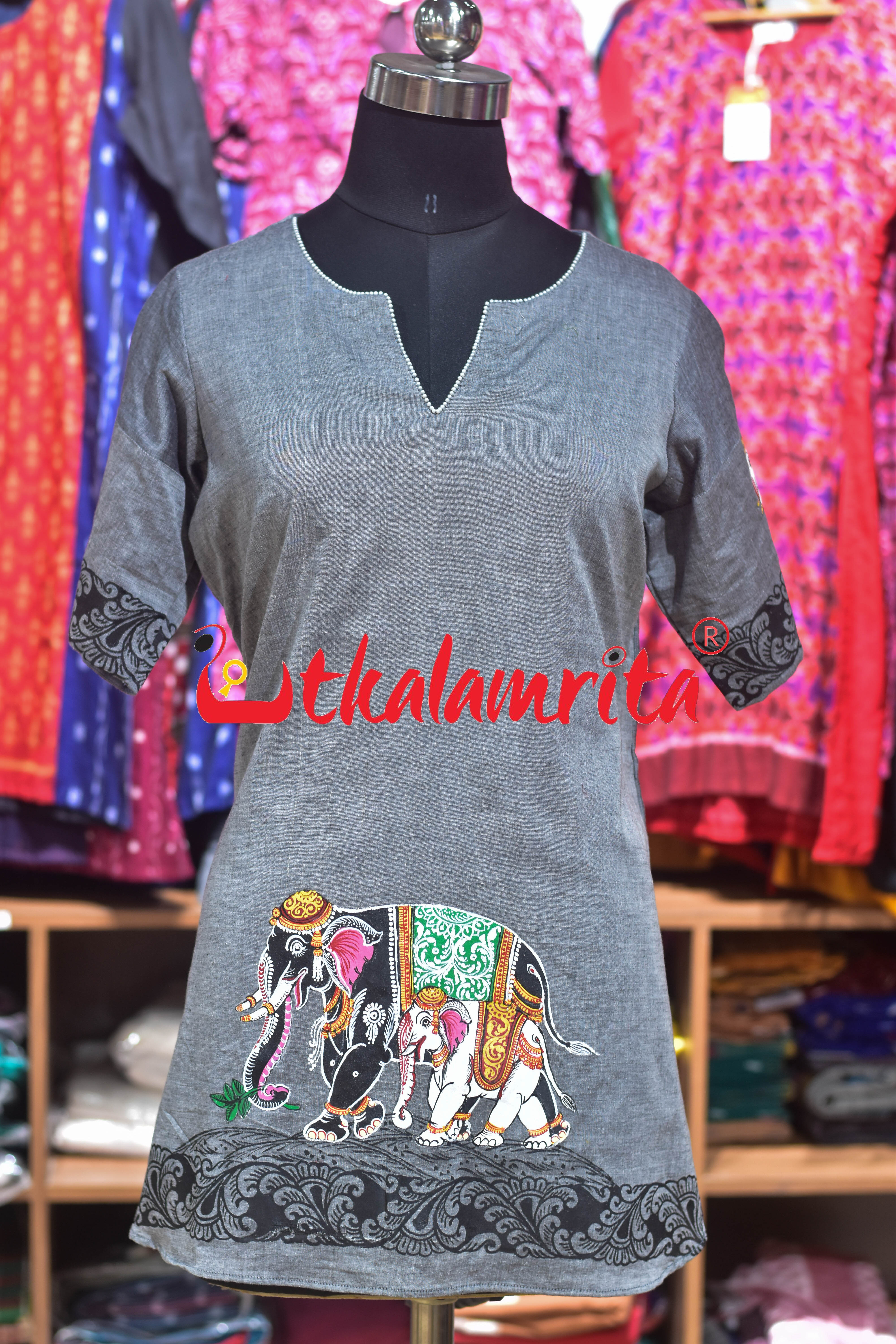 Grey Dual Elephants Pattachitra (Ladies' Kurti)
