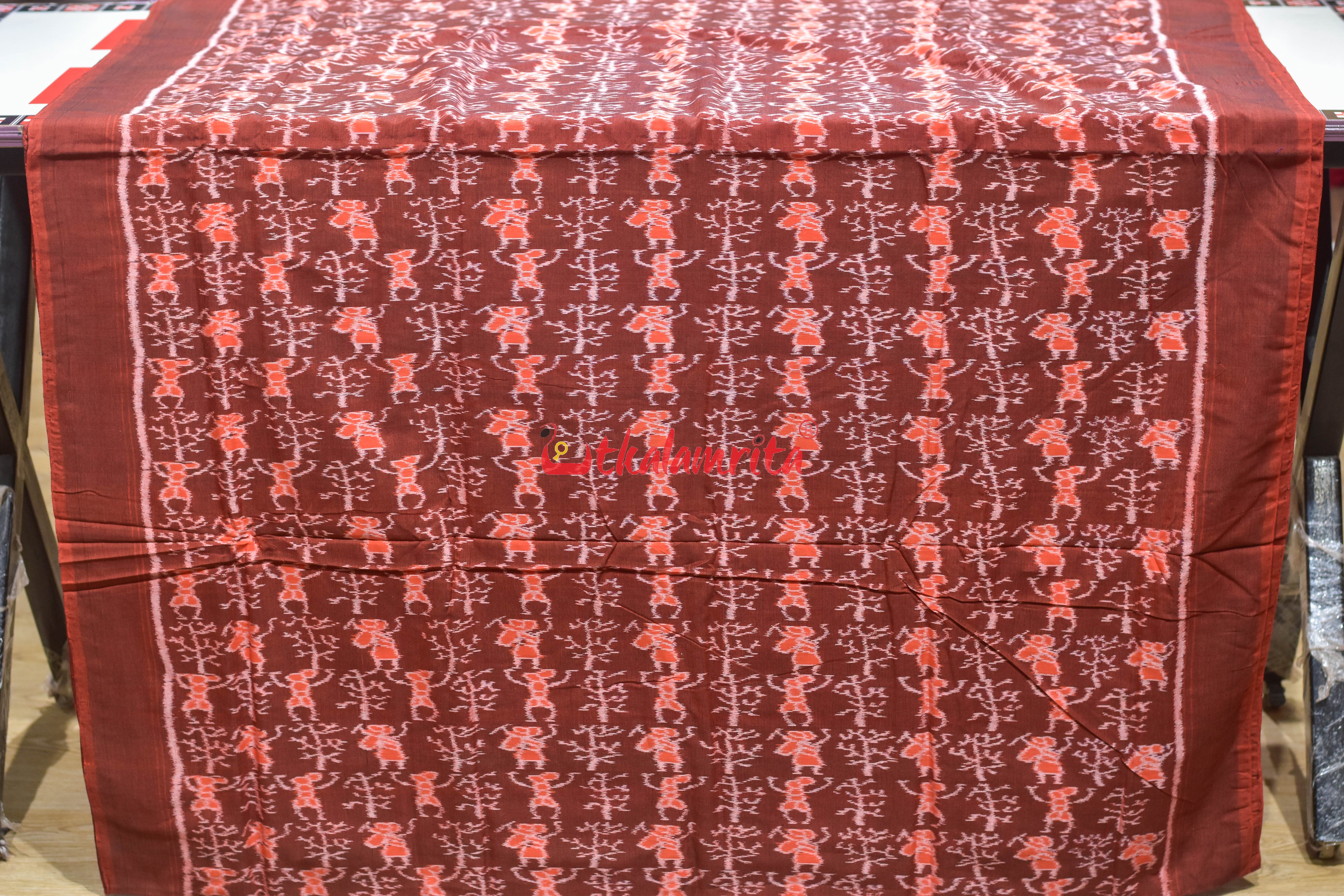 Rust Orange Tribals & Tree Sambalpuri Cotton (Fabric)