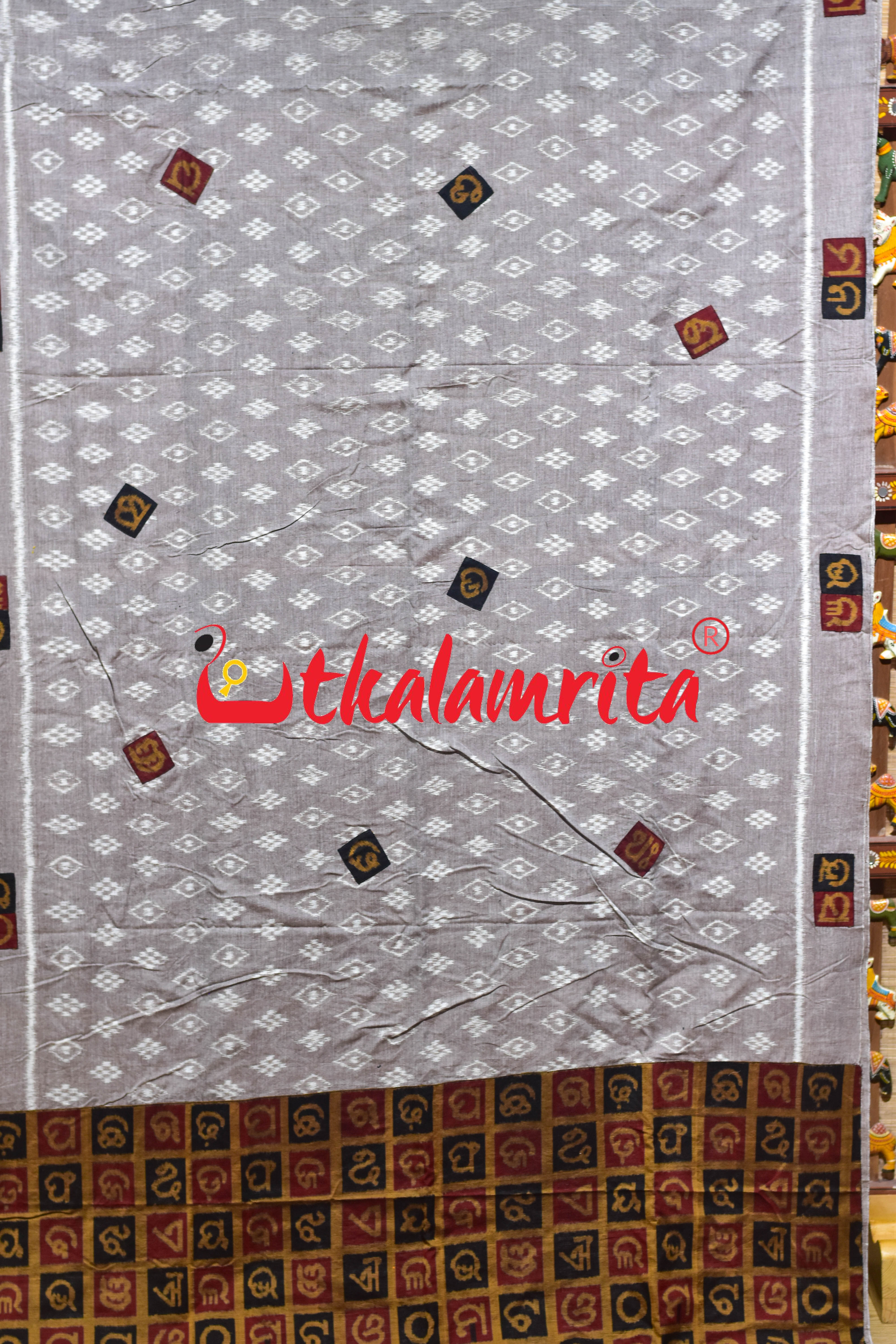 Gol Thikiri Single Ikat Odia Alphabets Anchal Designer Cotton Saree