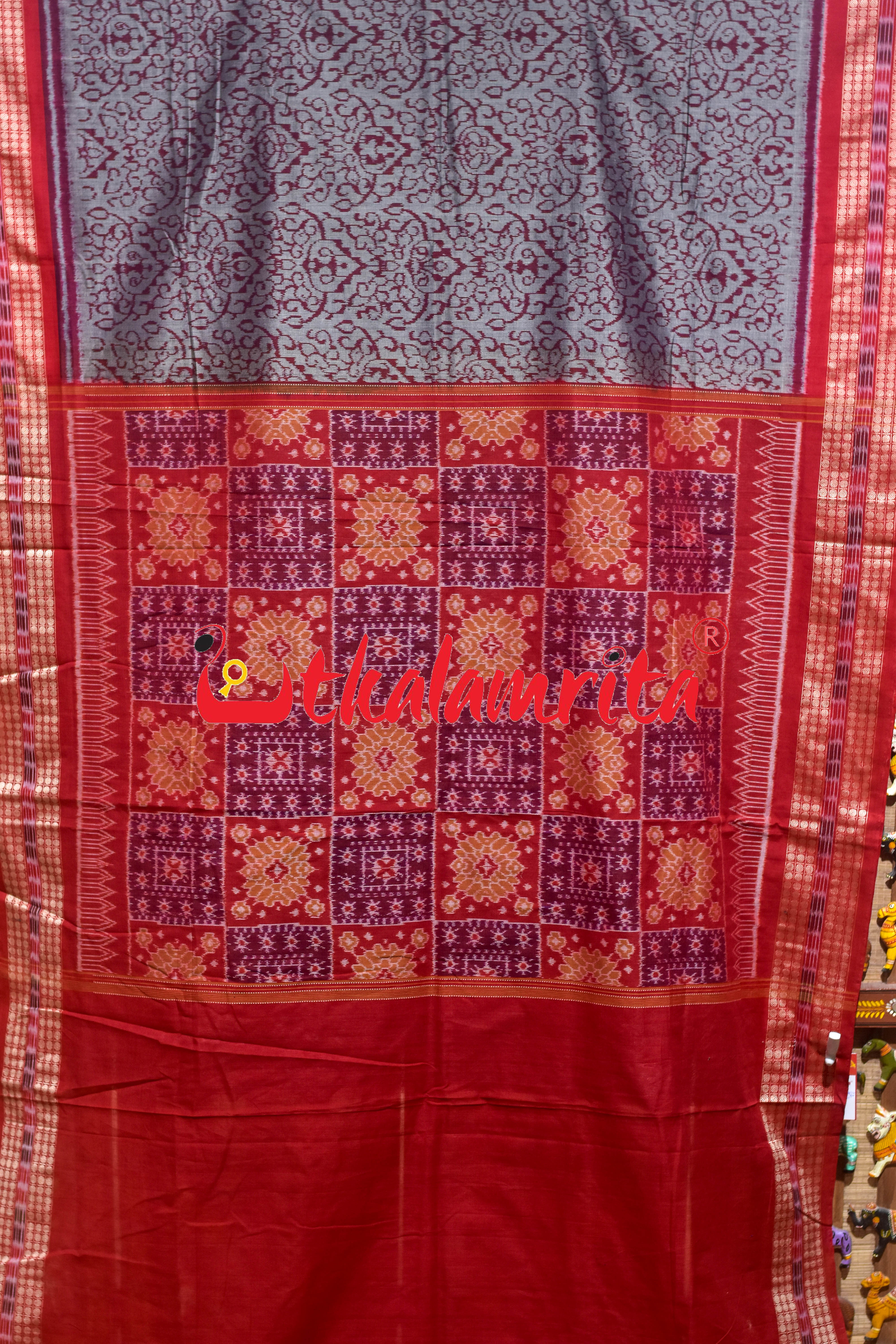 Grey Red Tribal Sambalpuri Cotton Saree