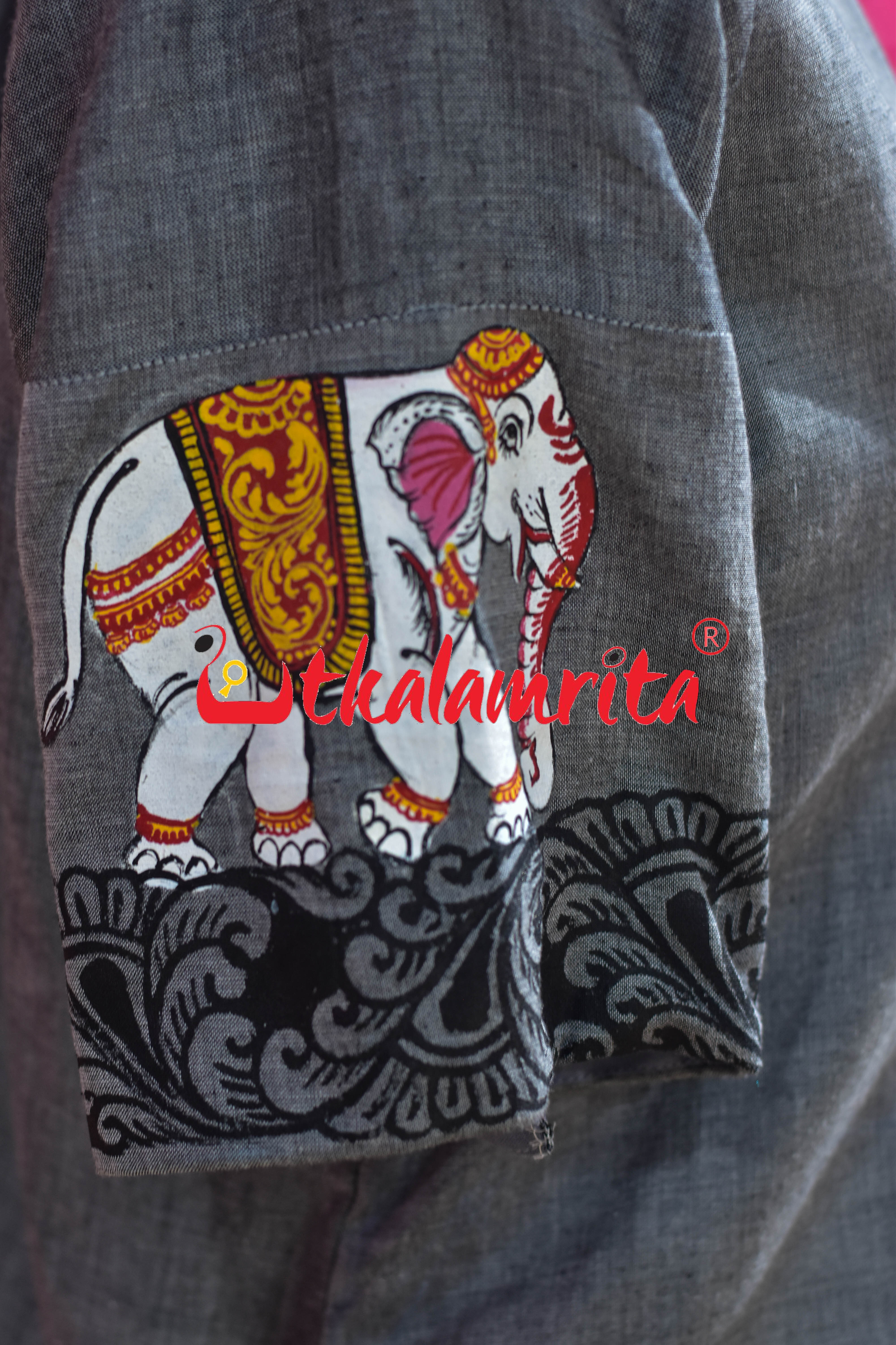 Grey Dual Elephants Pattachitra (Ladies' Kurti)