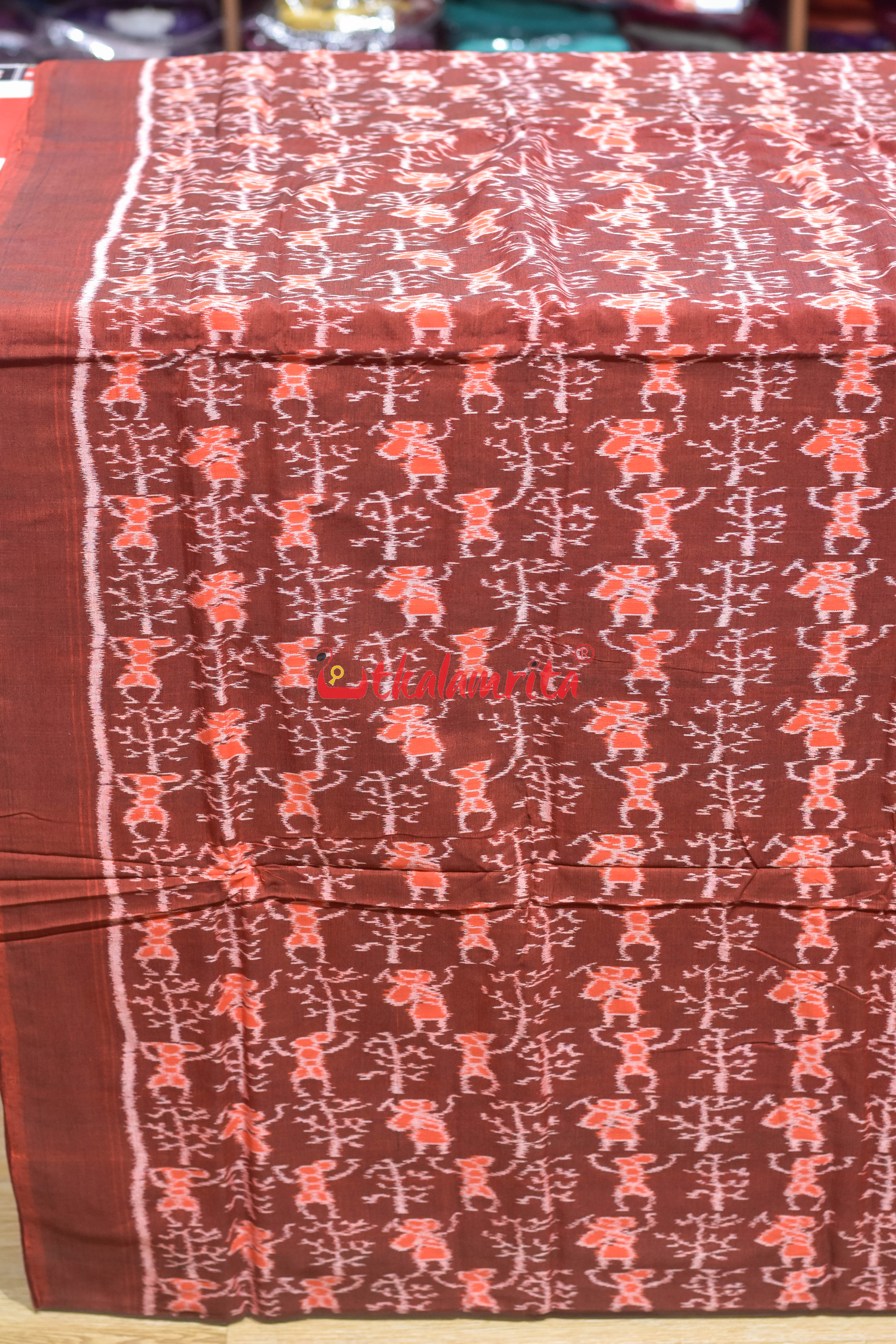 Rust Orange Tribals & Tree Sambalpuri Cotton (Fabric)