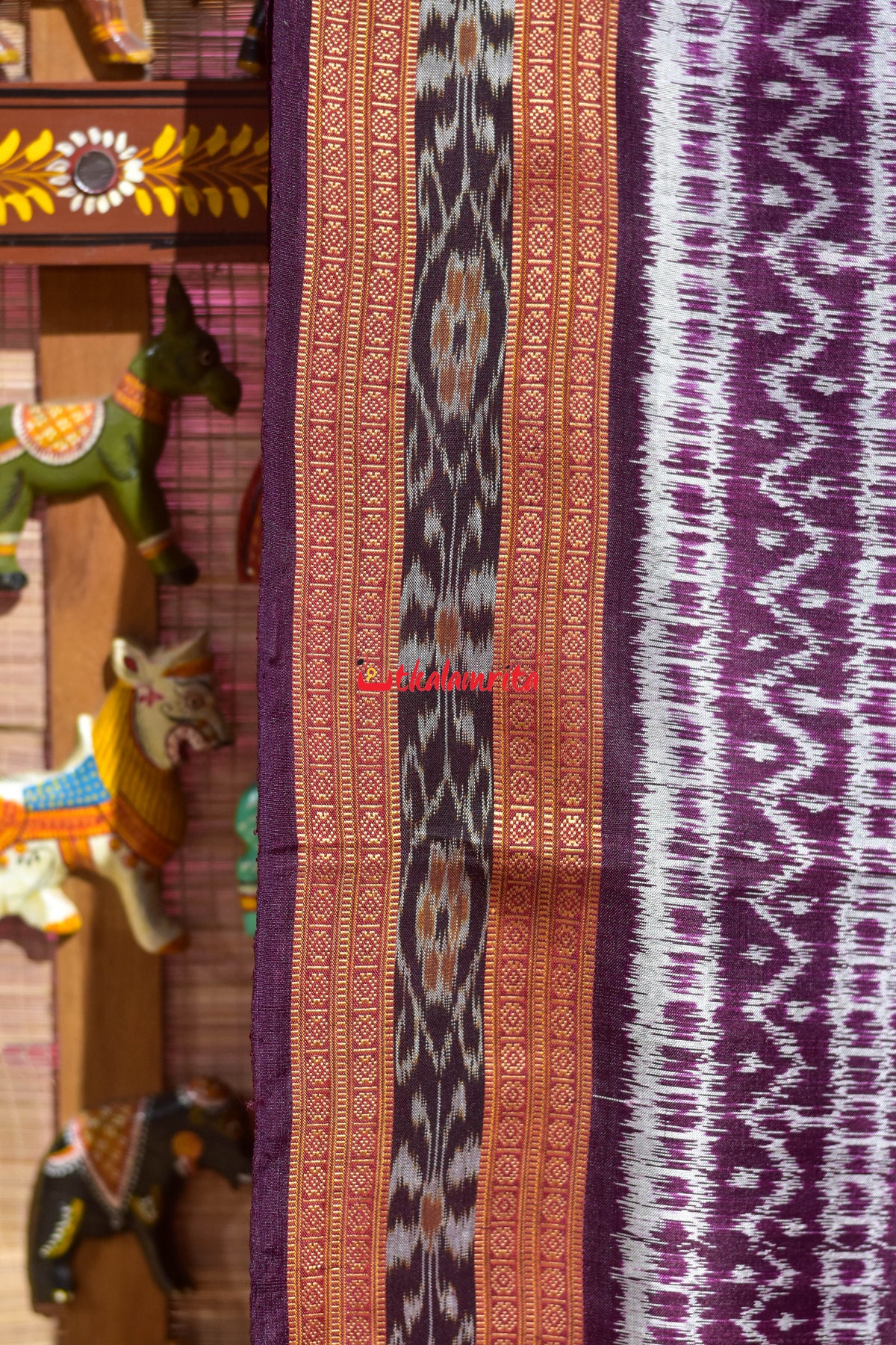 Burgundy Body Chiita Tribals Khandua Silk Saree