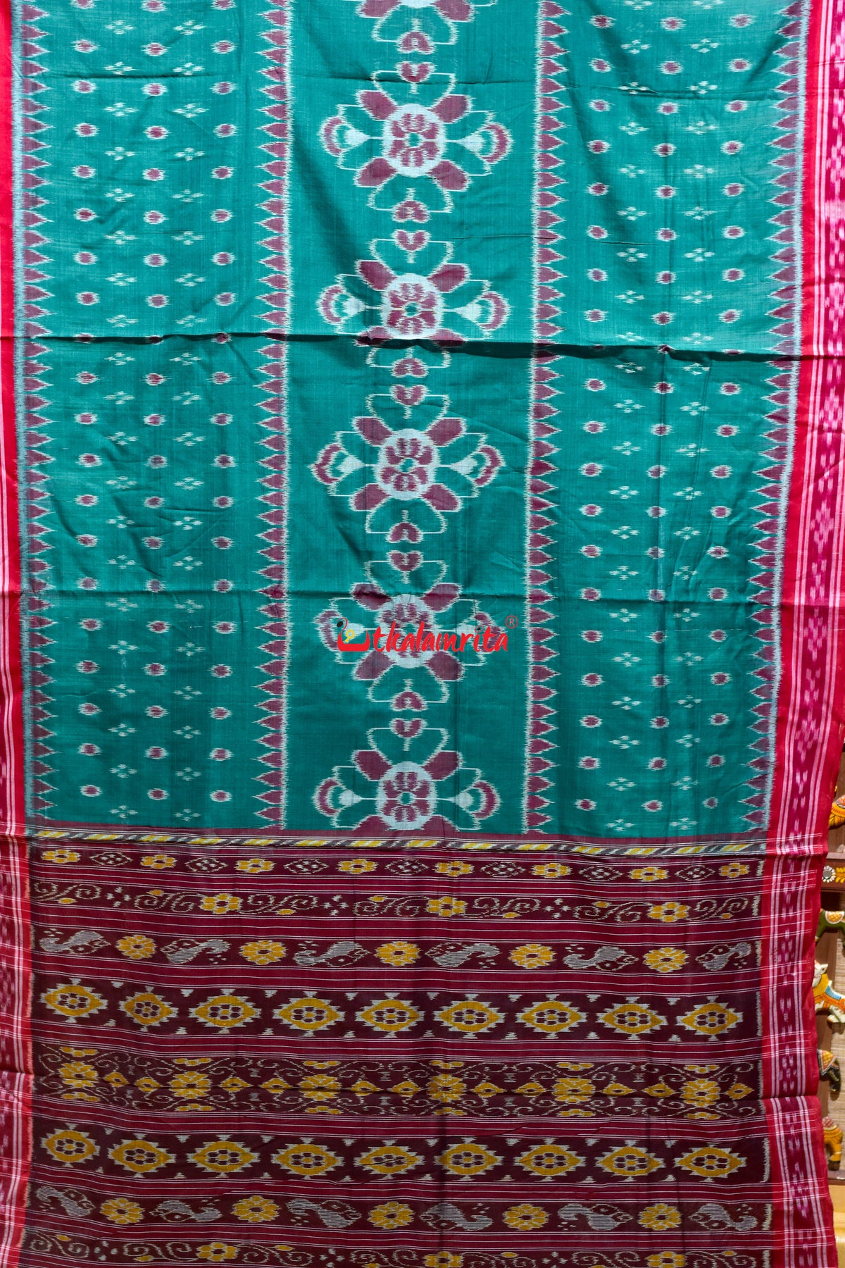Green Red Middle Flower Khandua Cotton Saree