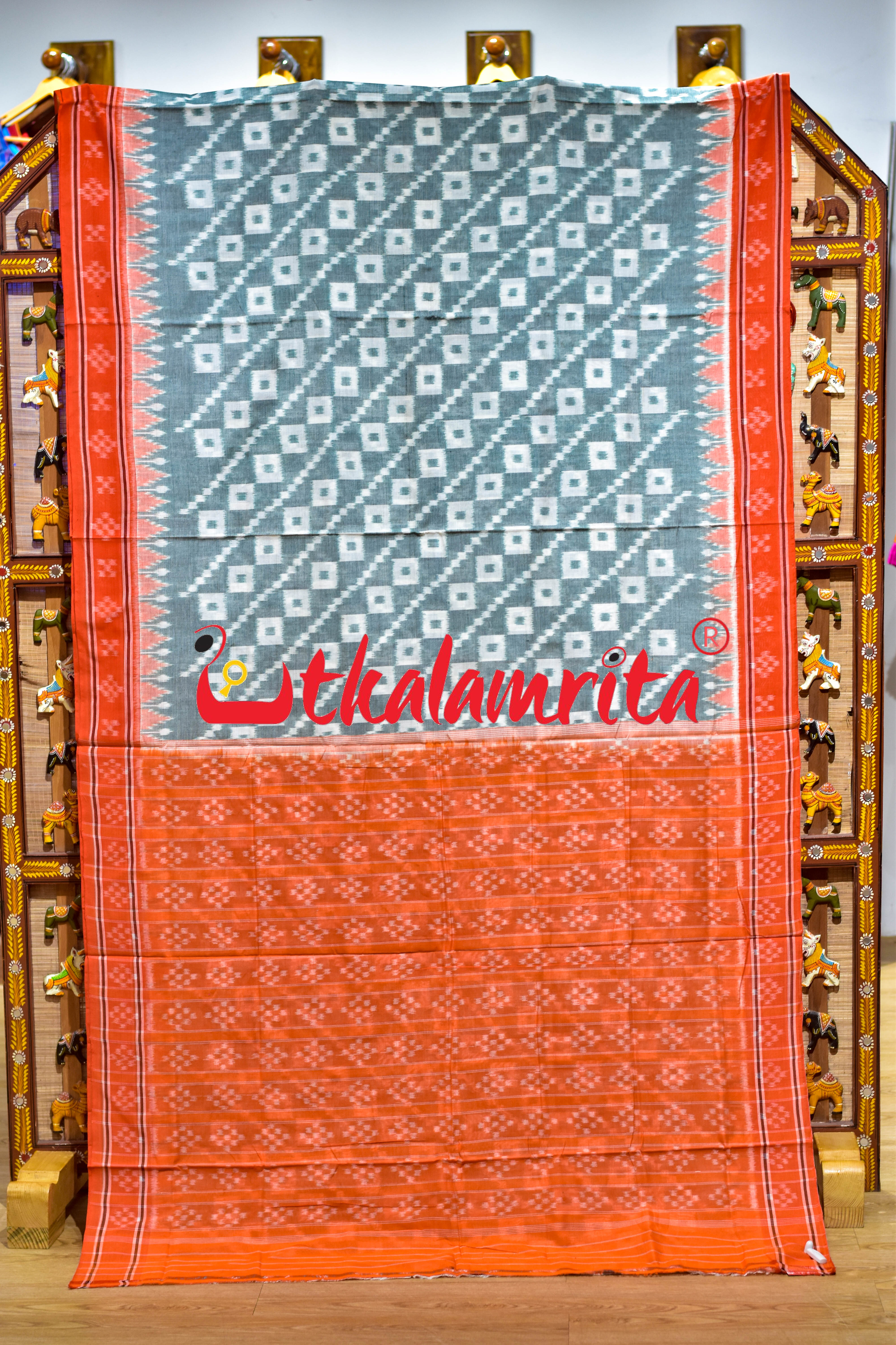 Green with Orange Border Single Pasapali Khandua Cotton Saree