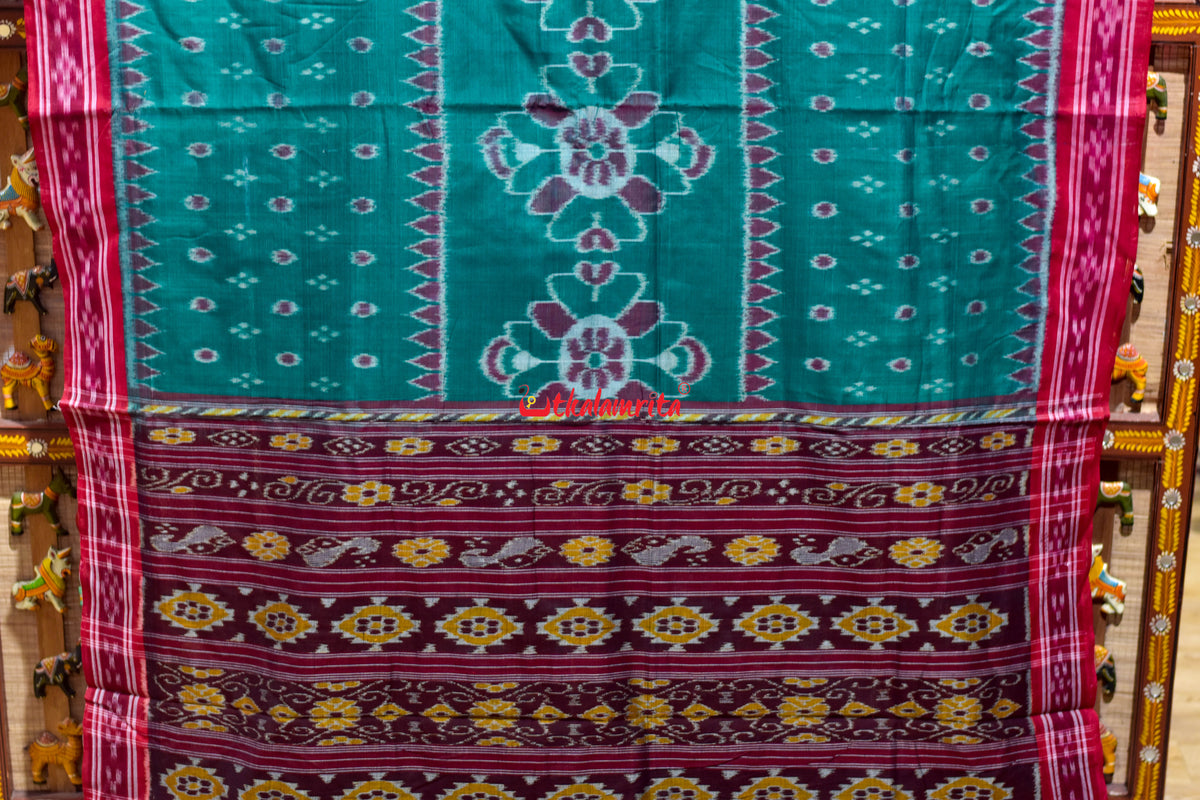 Green Red Middle Flower Khandua Cotton Saree