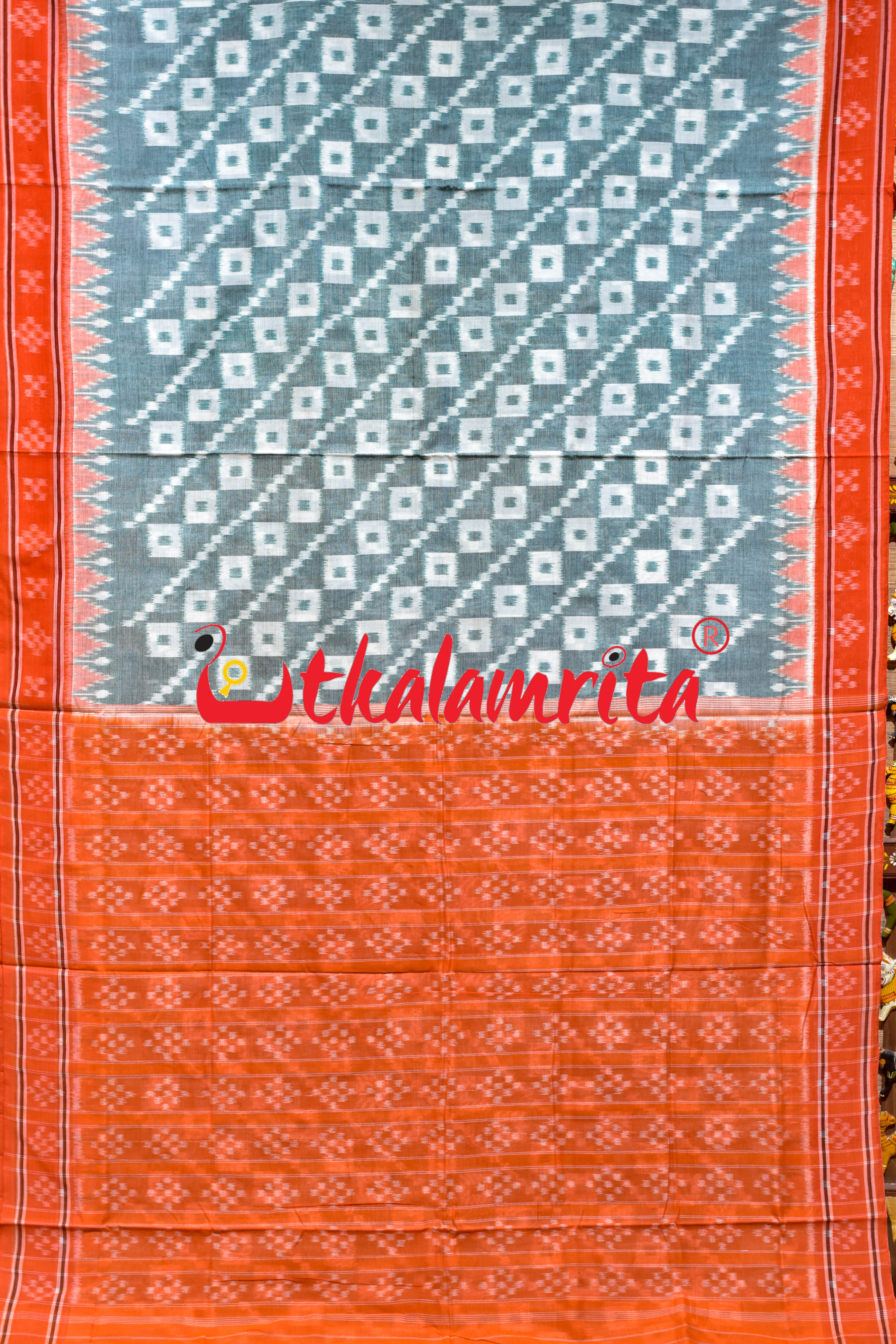 Green with Orange Border Single Pasapali Khandua Cotton Saree