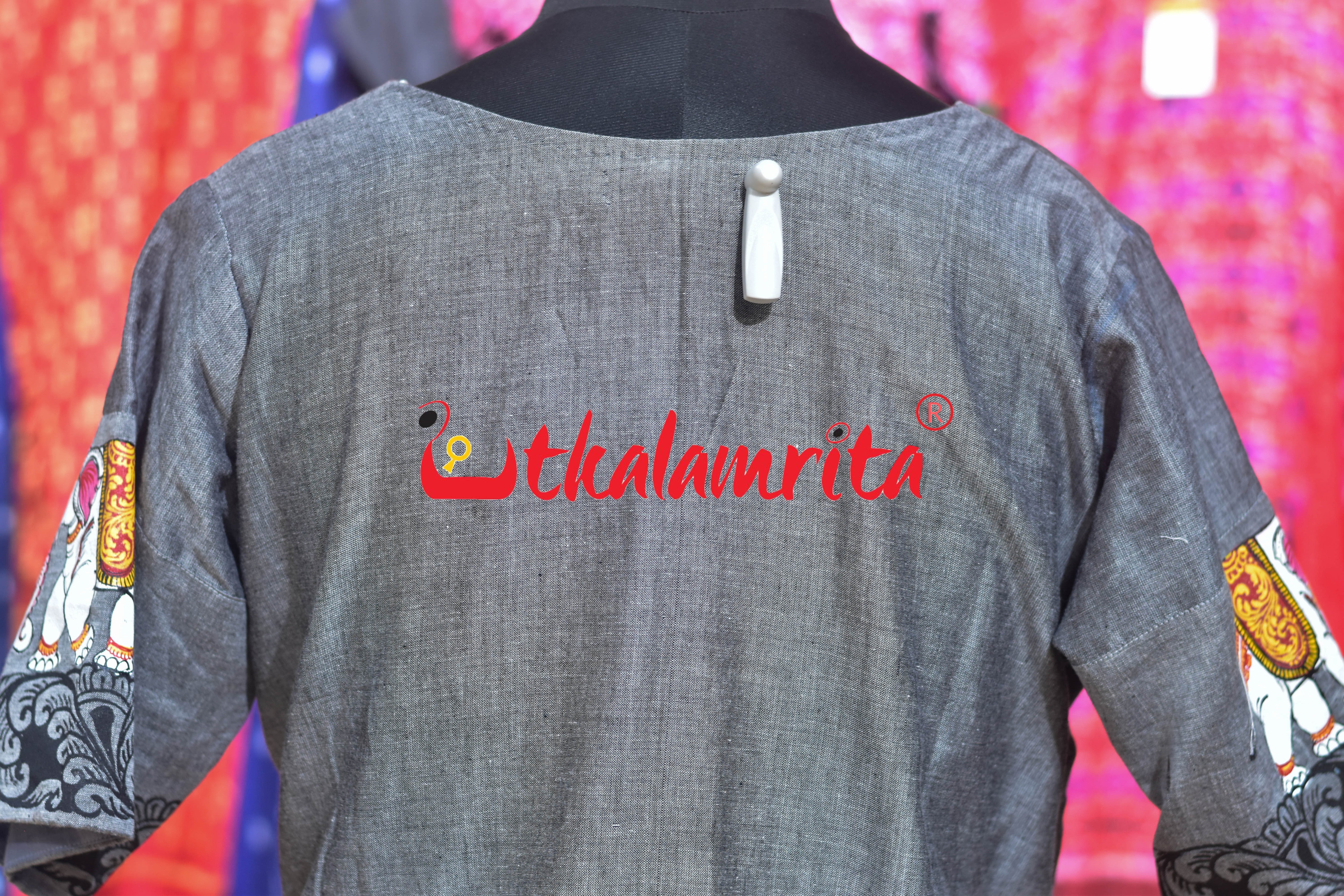 Grey Dual Elephants Pattachitra (Ladies' Kurti)