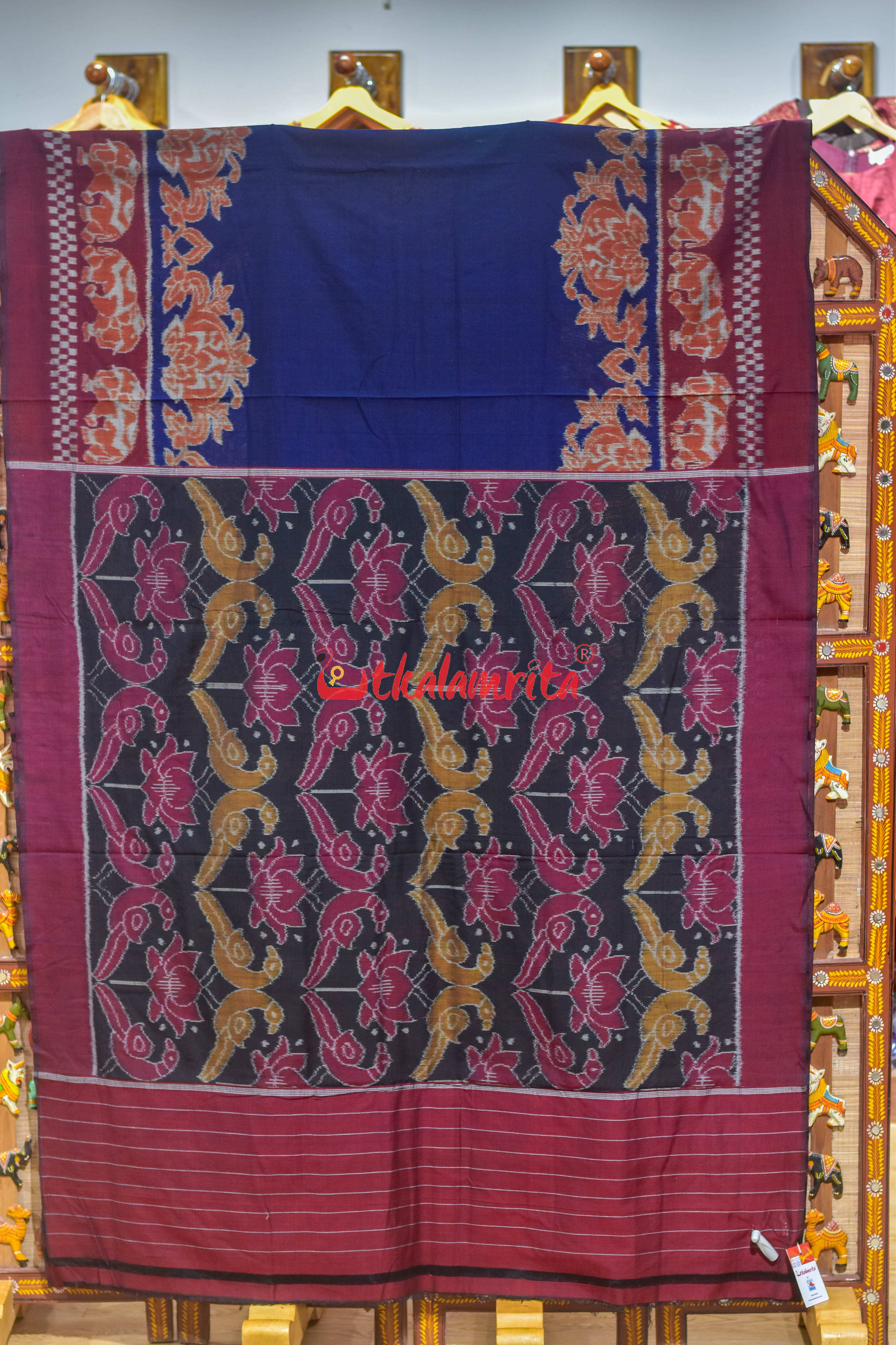 Border Elephant Navy Blue Khadua Cotton Saree