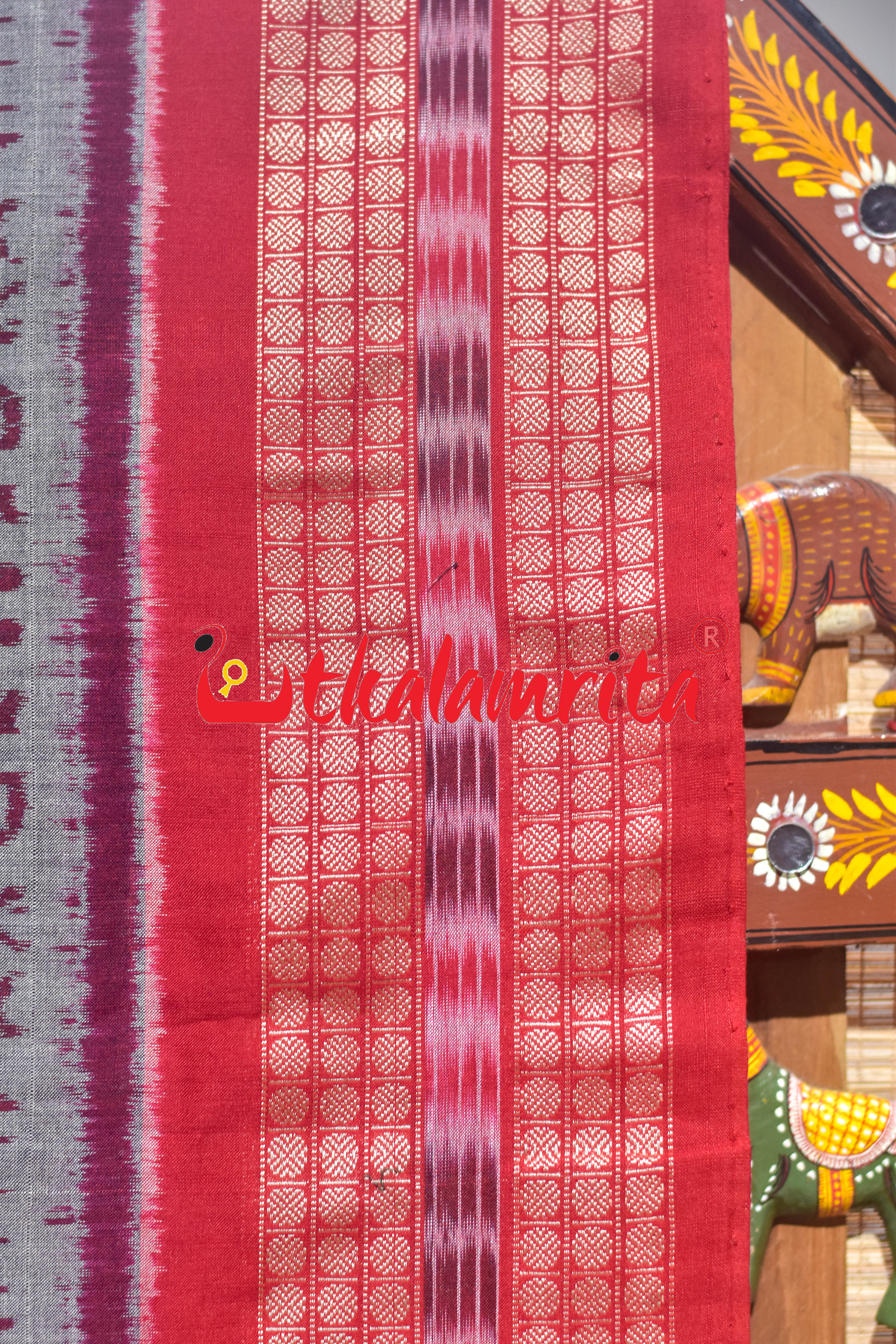Grey Red Tribal Sambalpuri Cotton Saree