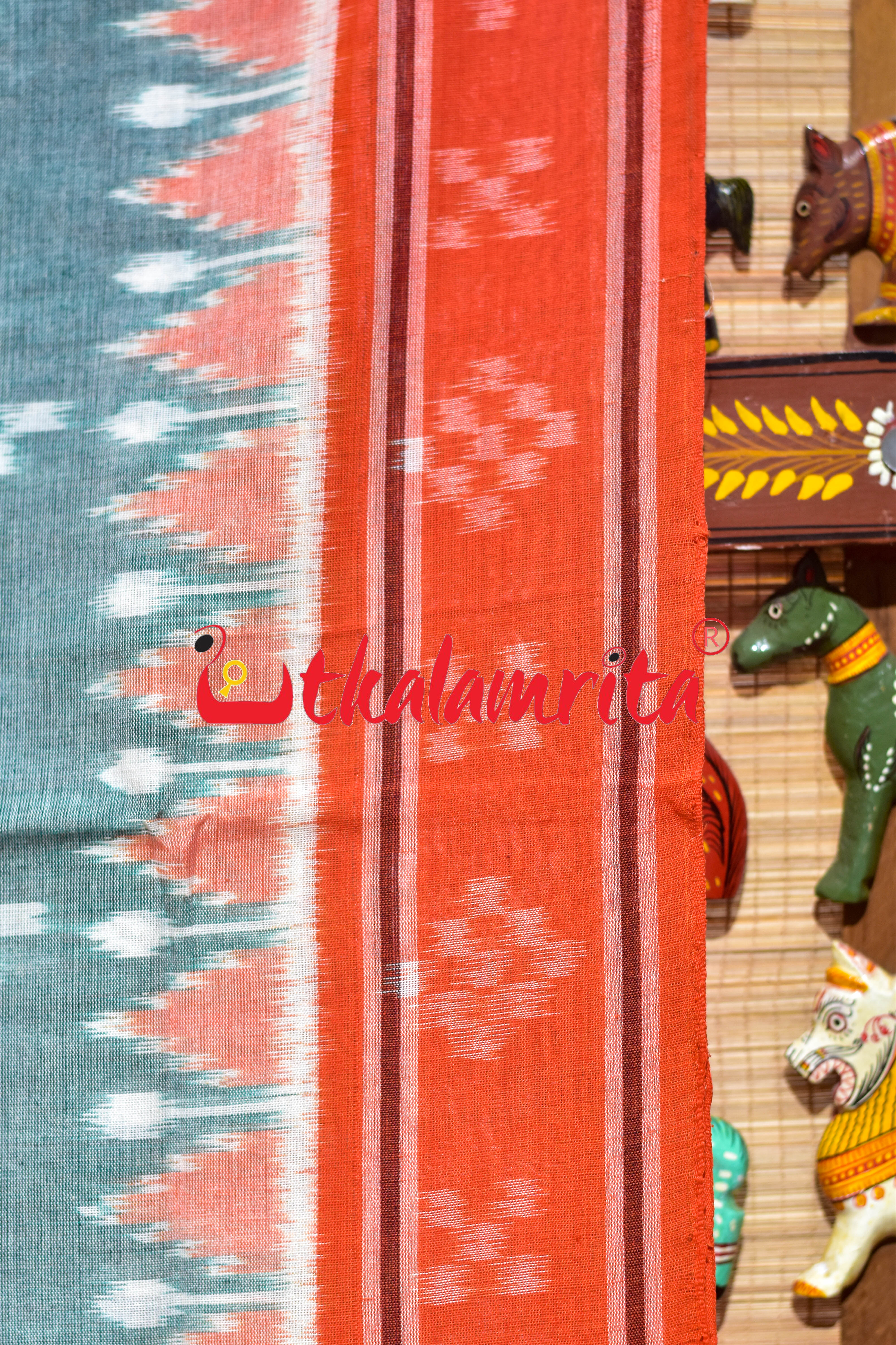 Green with Orange Border Single Pasapali Khandua Cotton Saree