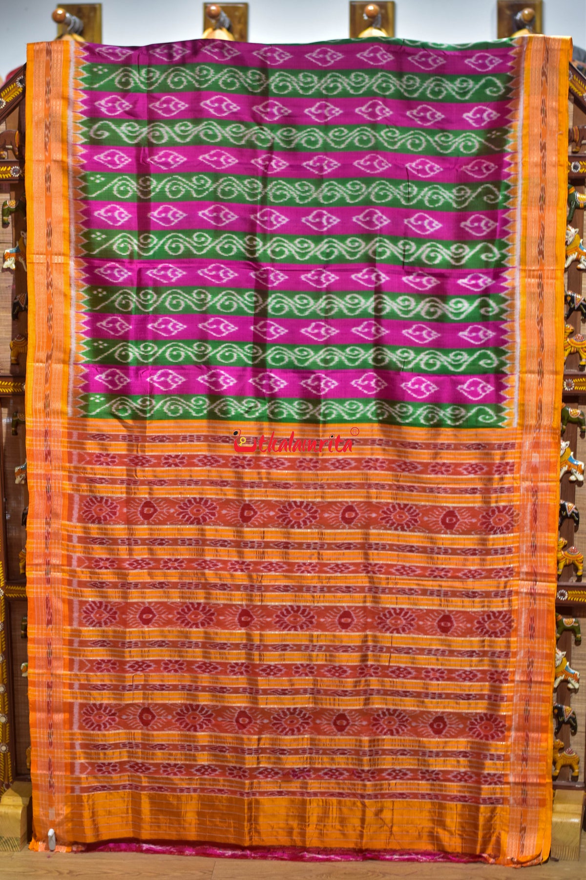Pink Green Sankha Lata Khandua Silk Saree