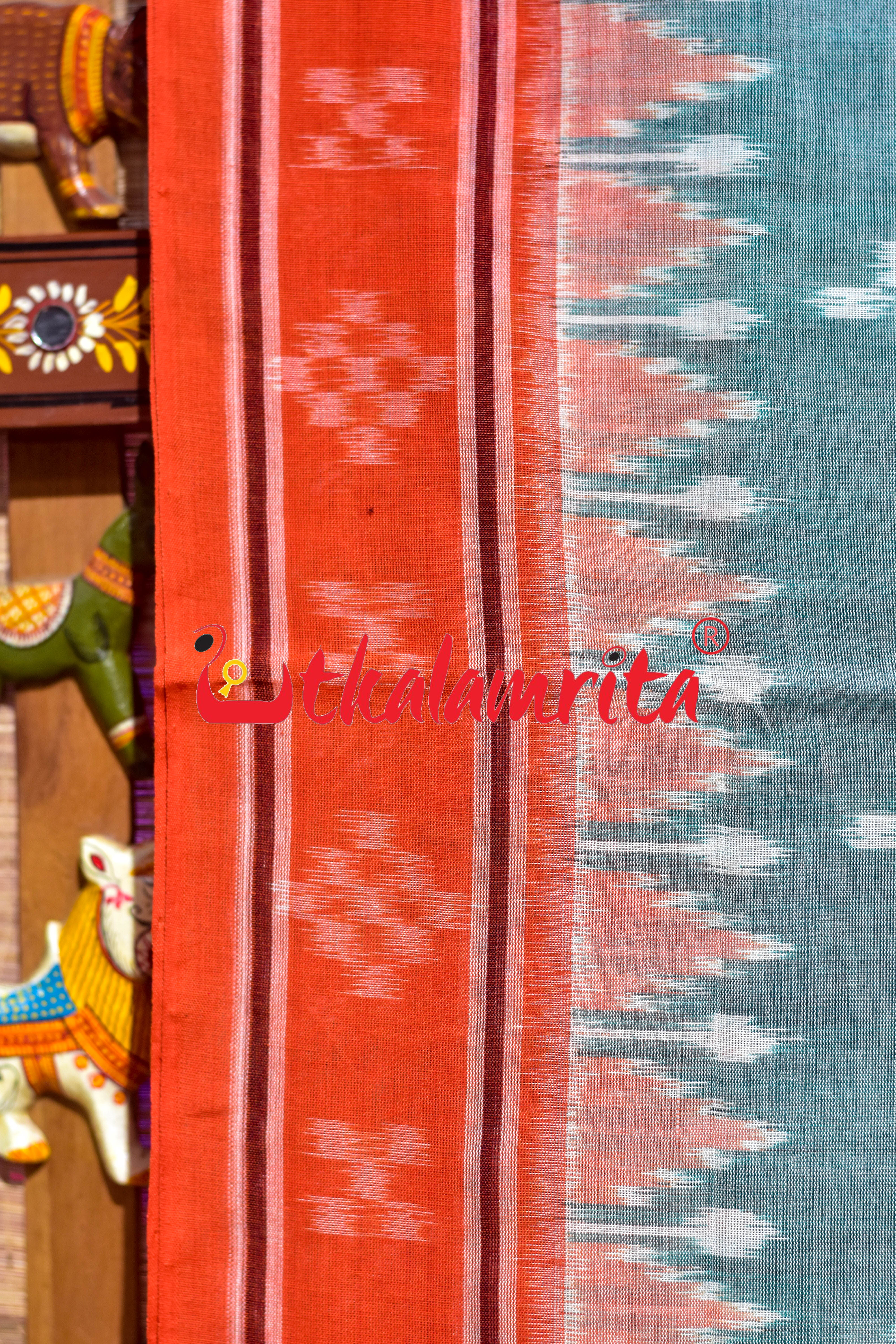 Green with Orange Border Single Pasapali Khandua Cotton Saree