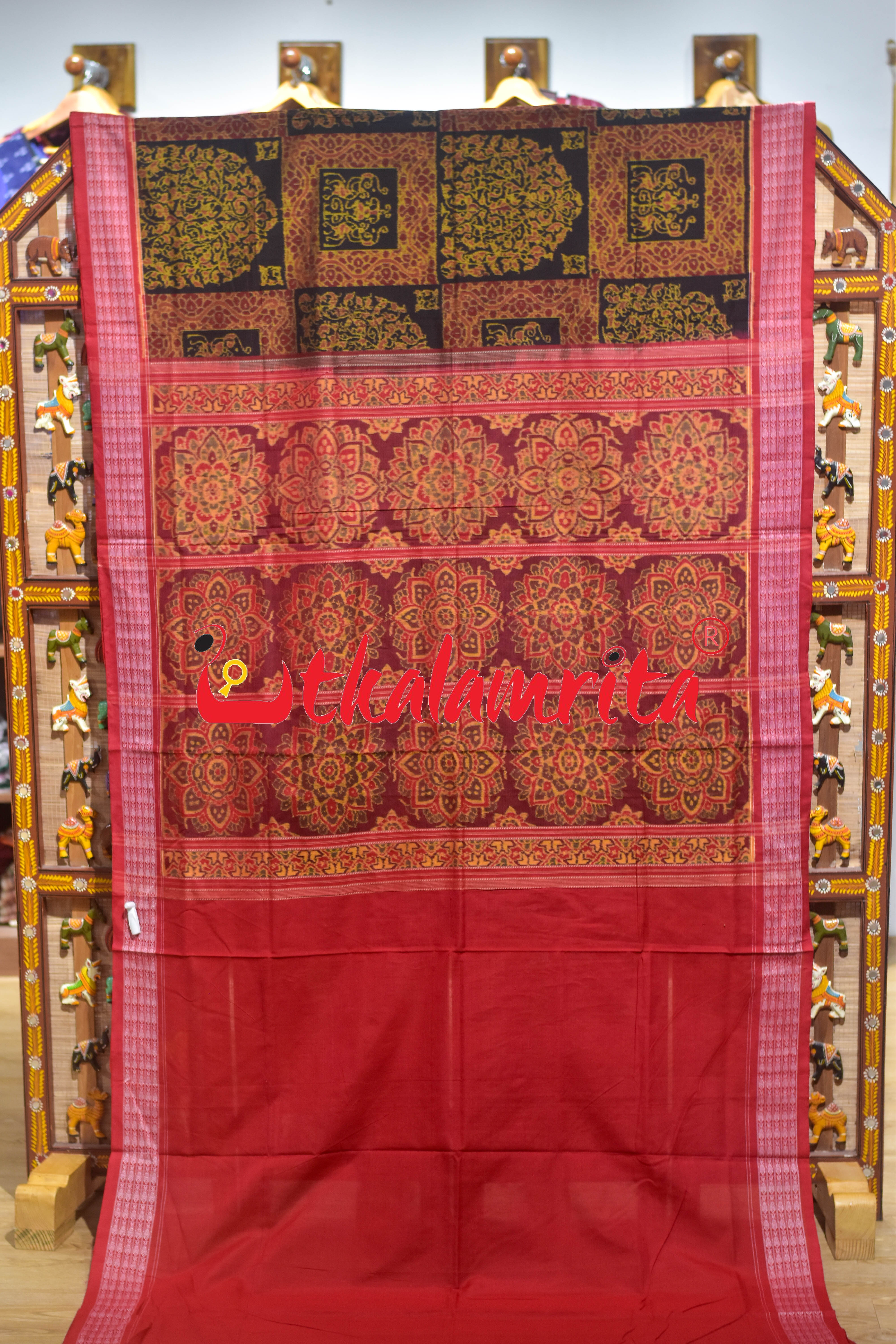 Tree of Life Black Red Tribal Sambalpuri Cotton Saree