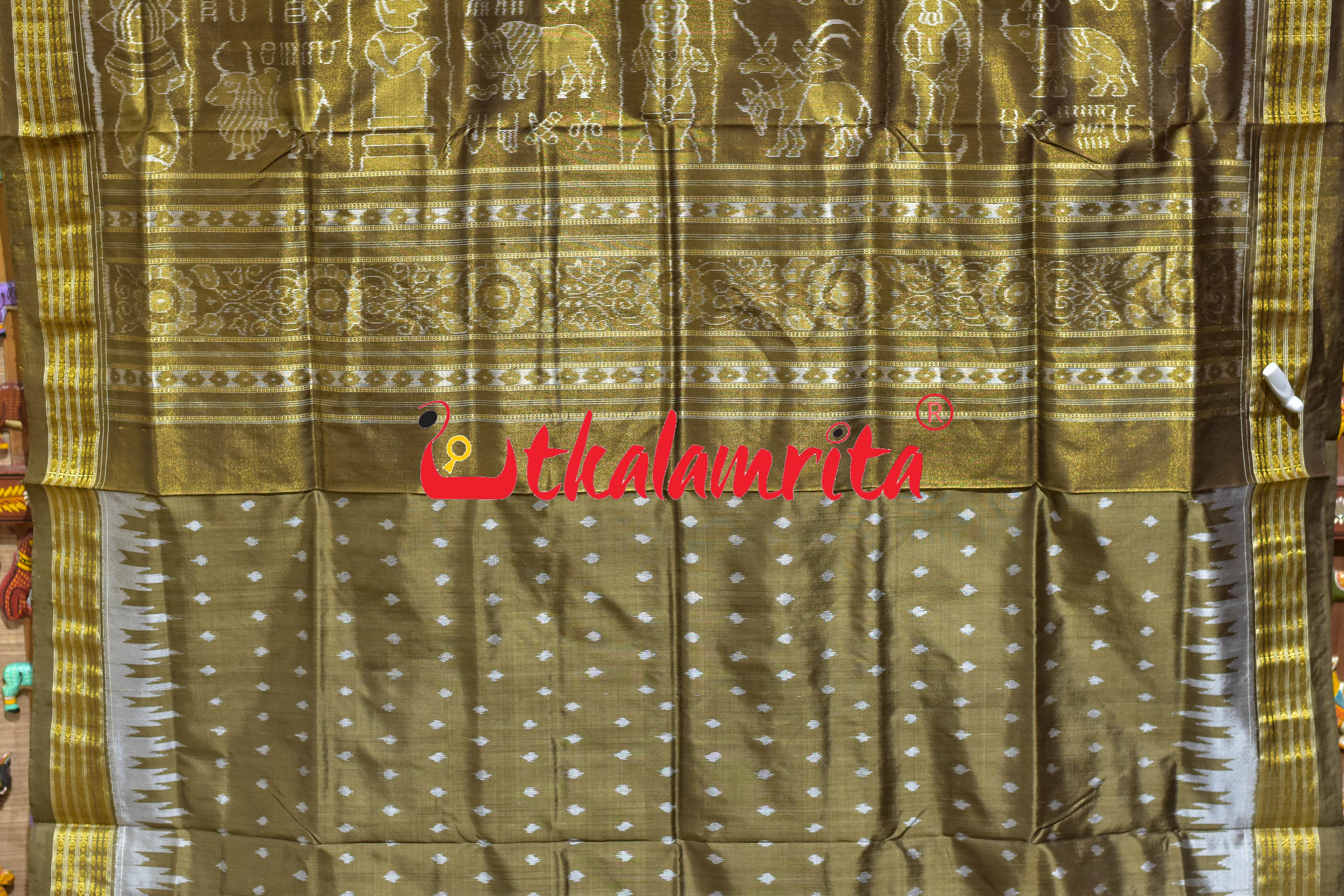 Olive Green Half Tissue Harapa Design Sambalpuri Silk Saree