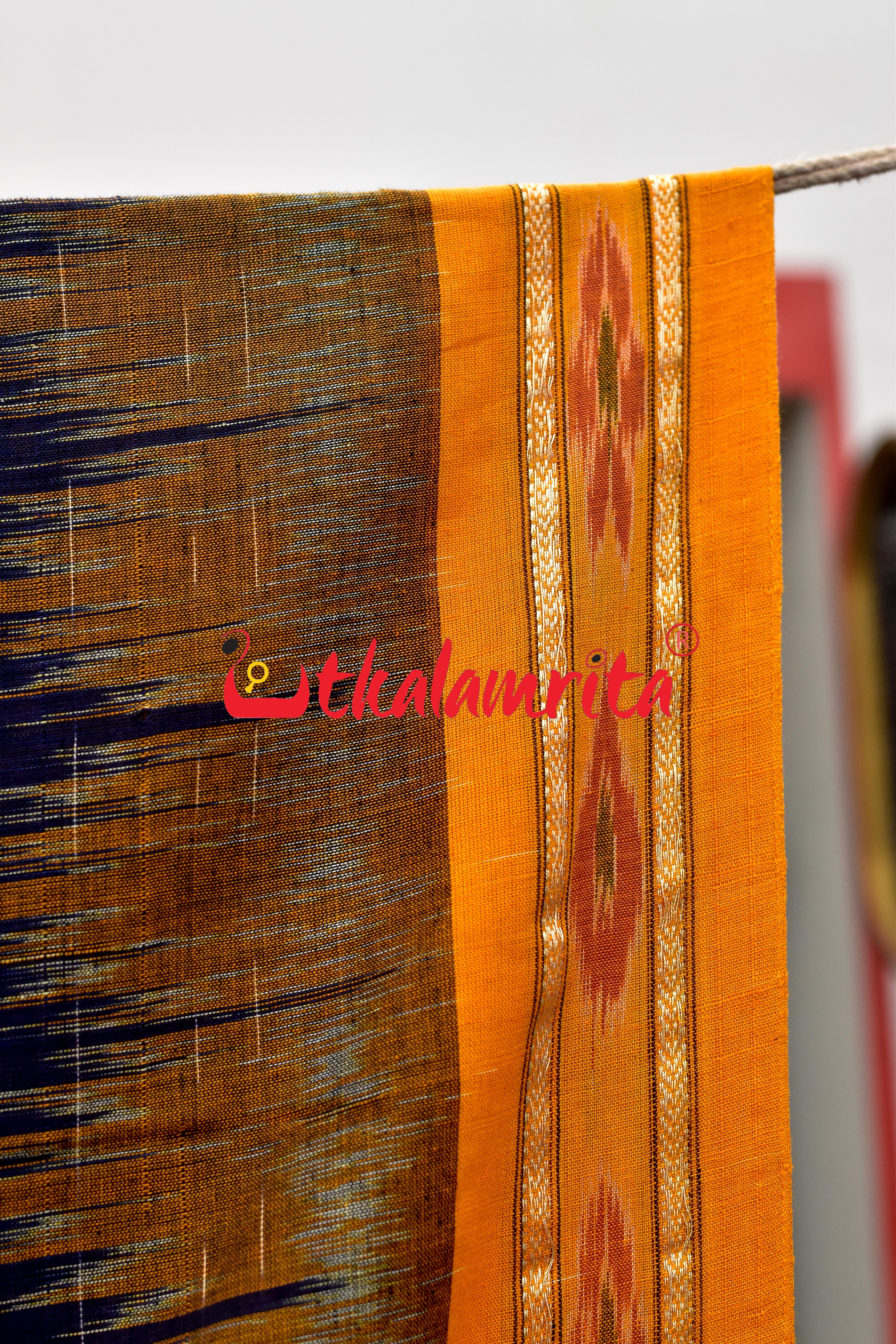 Navy Blue Yellow Jharana Khandua Cotton Saree