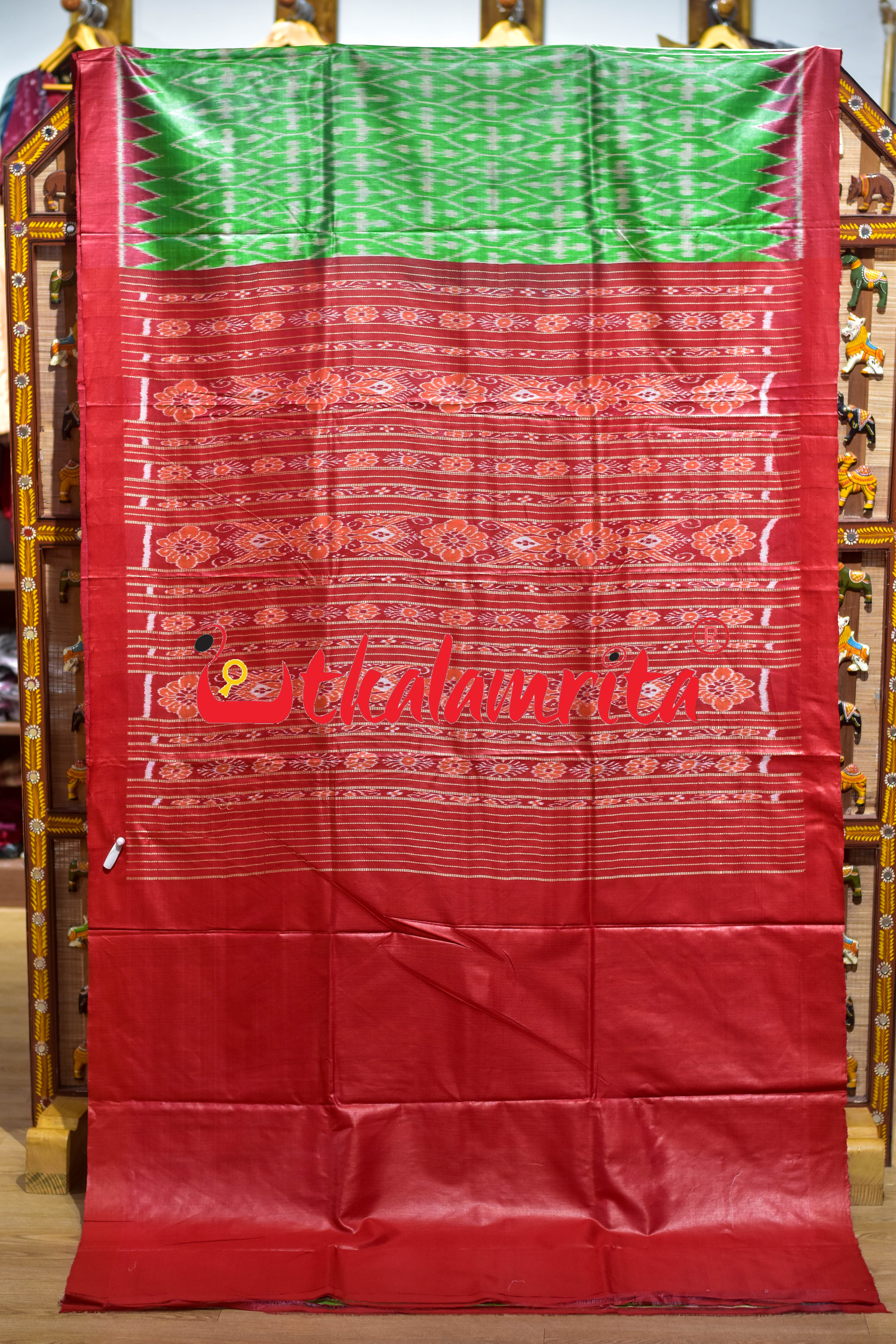 Light Green Body Ikat Red Kumbha Gopalpur Tussar Silk Saree