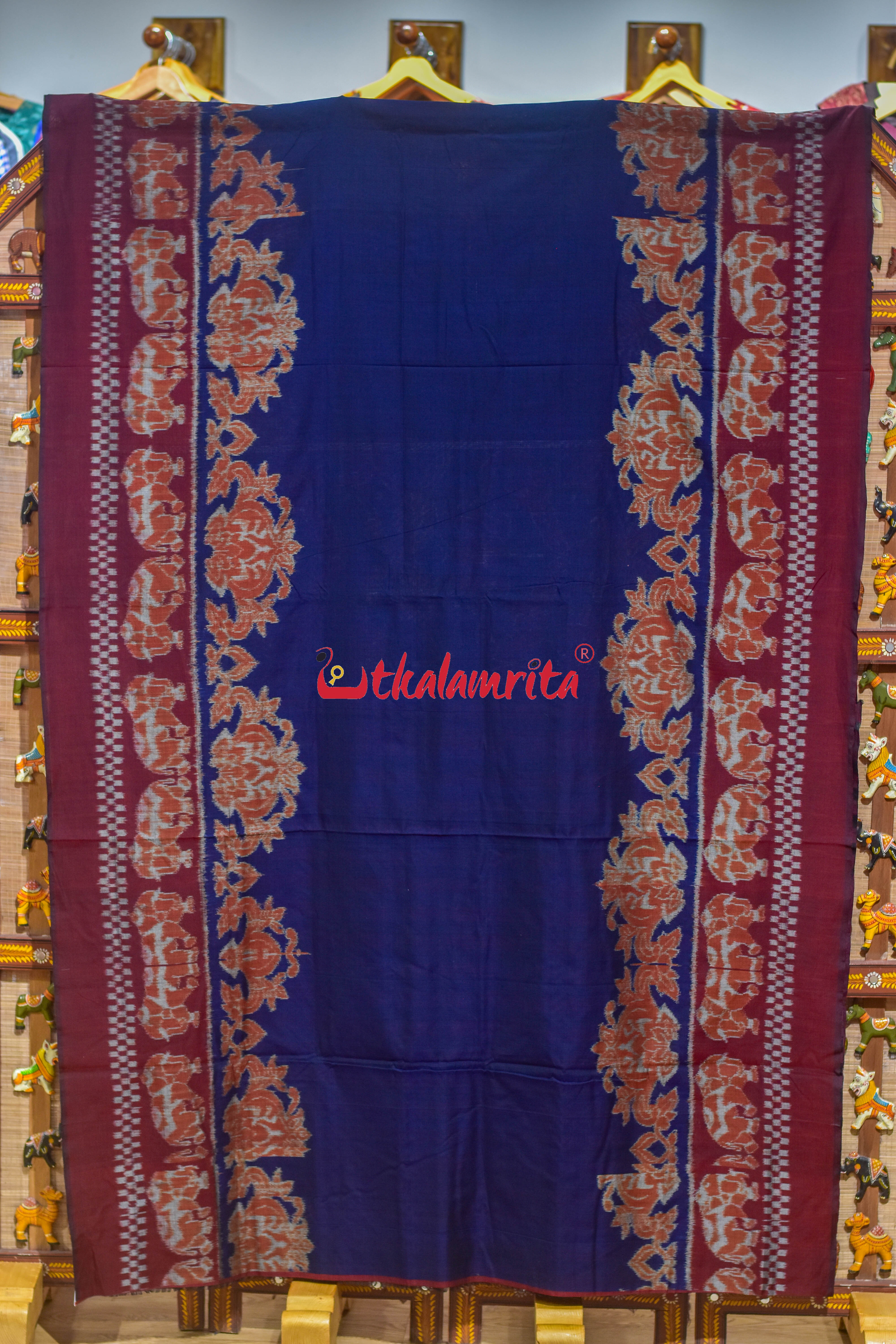 Border Elephant Navy Blue Khadua Cotton Saree