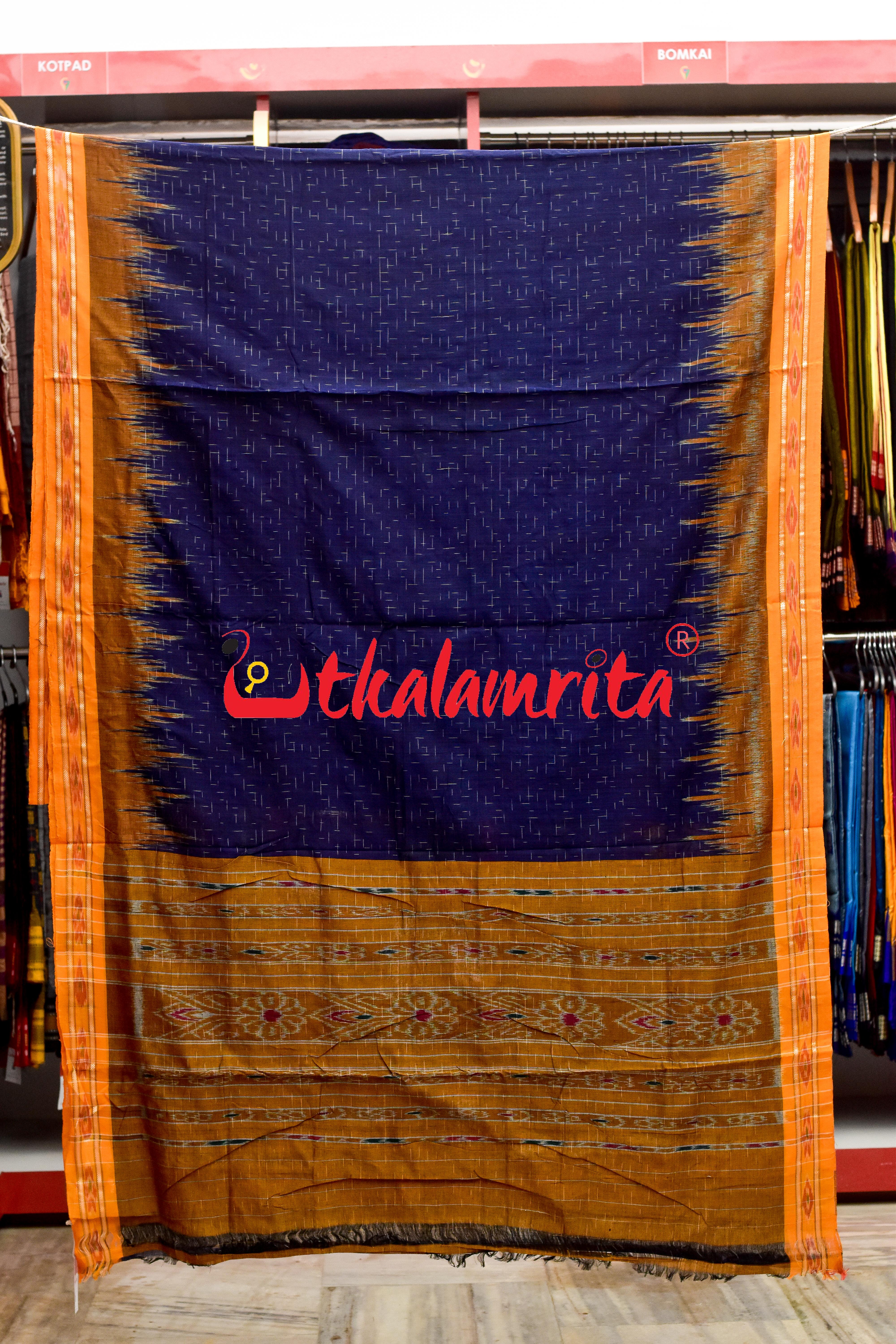 Navy Blue Yellow Jharana Khandua Cotton Saree