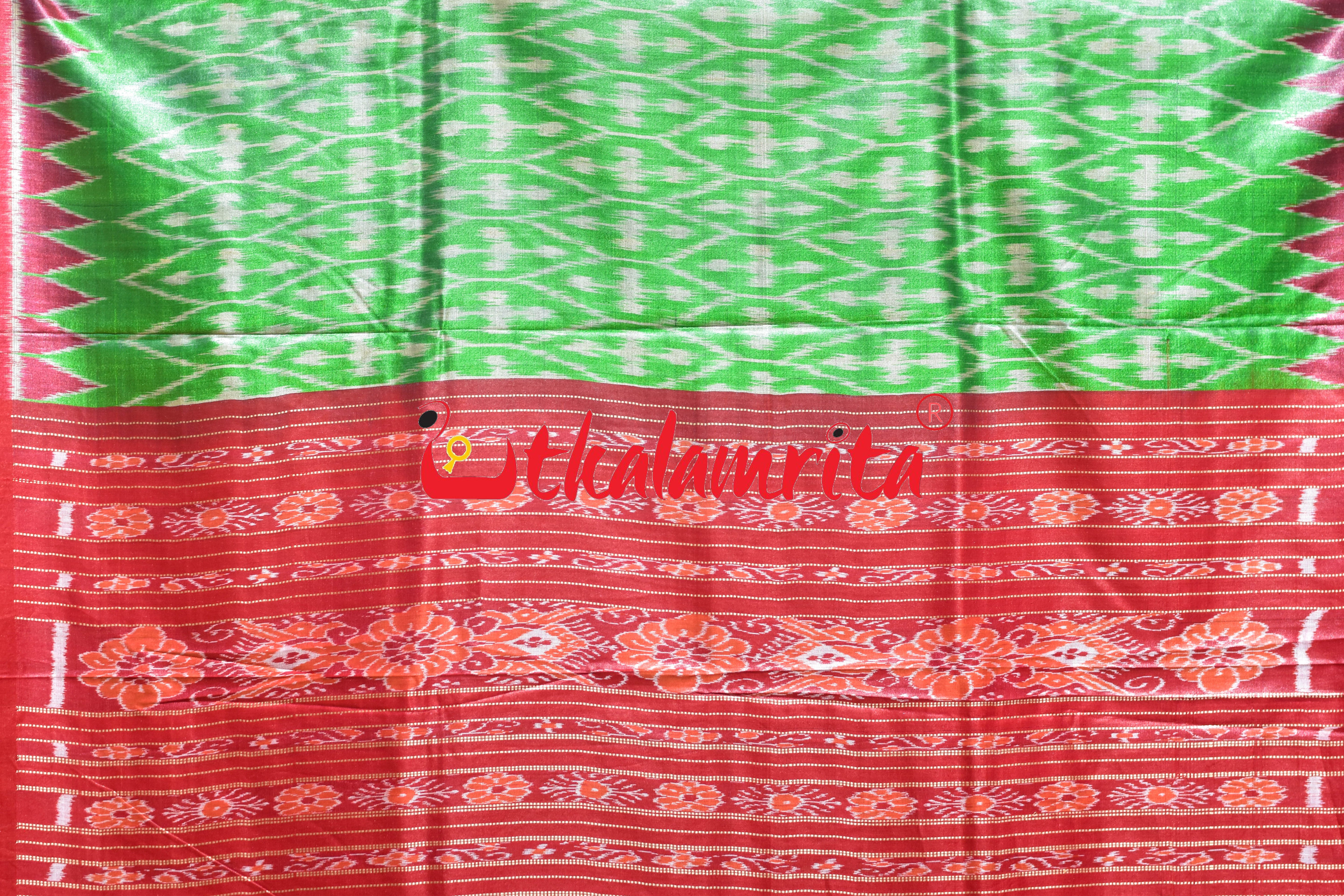 Light Green Body Ikat Red Kumbha Gopalpur Tussar Silk Saree
