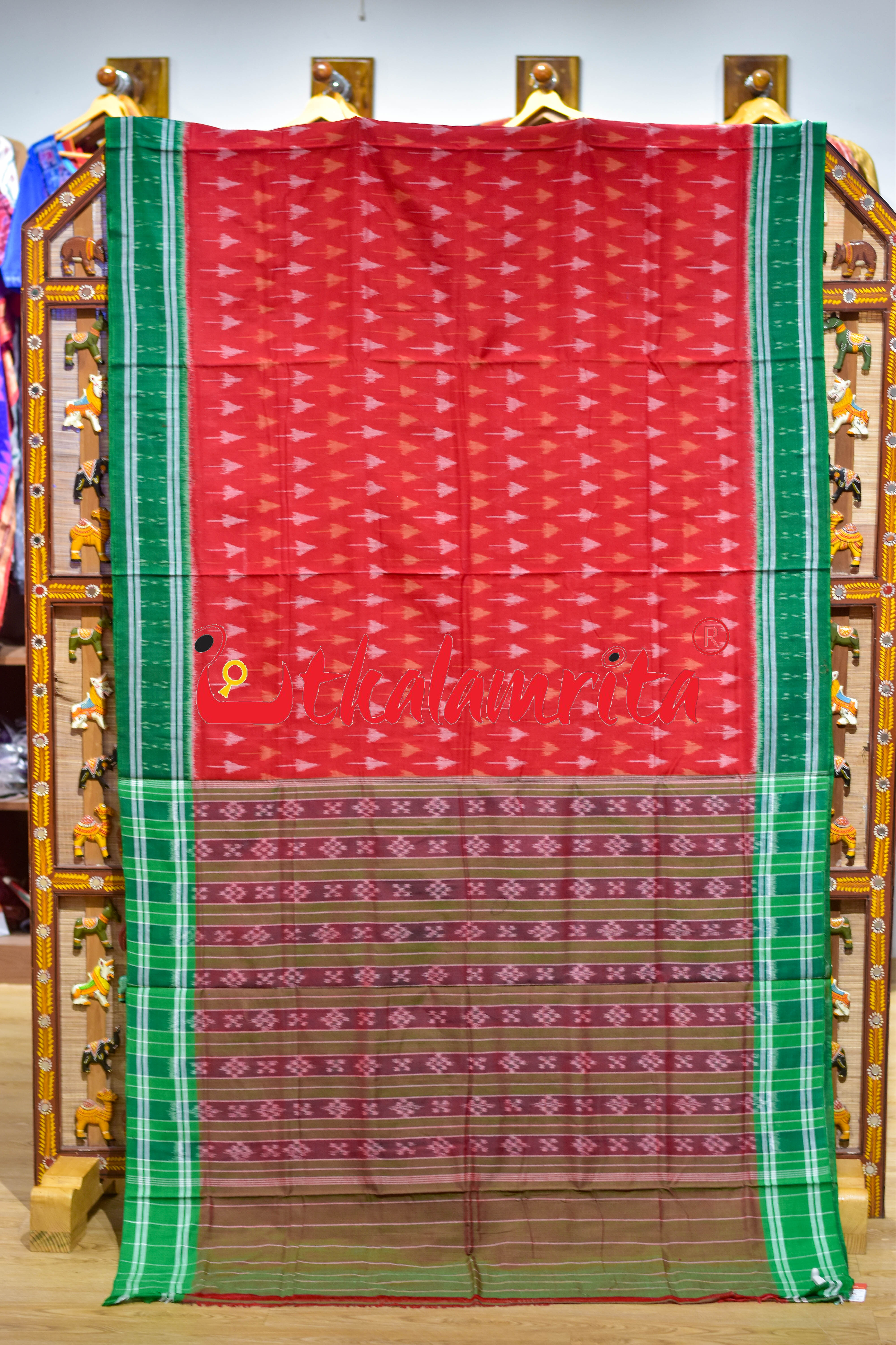 Red Chhatu with Green Border Khandua Cotton Saree