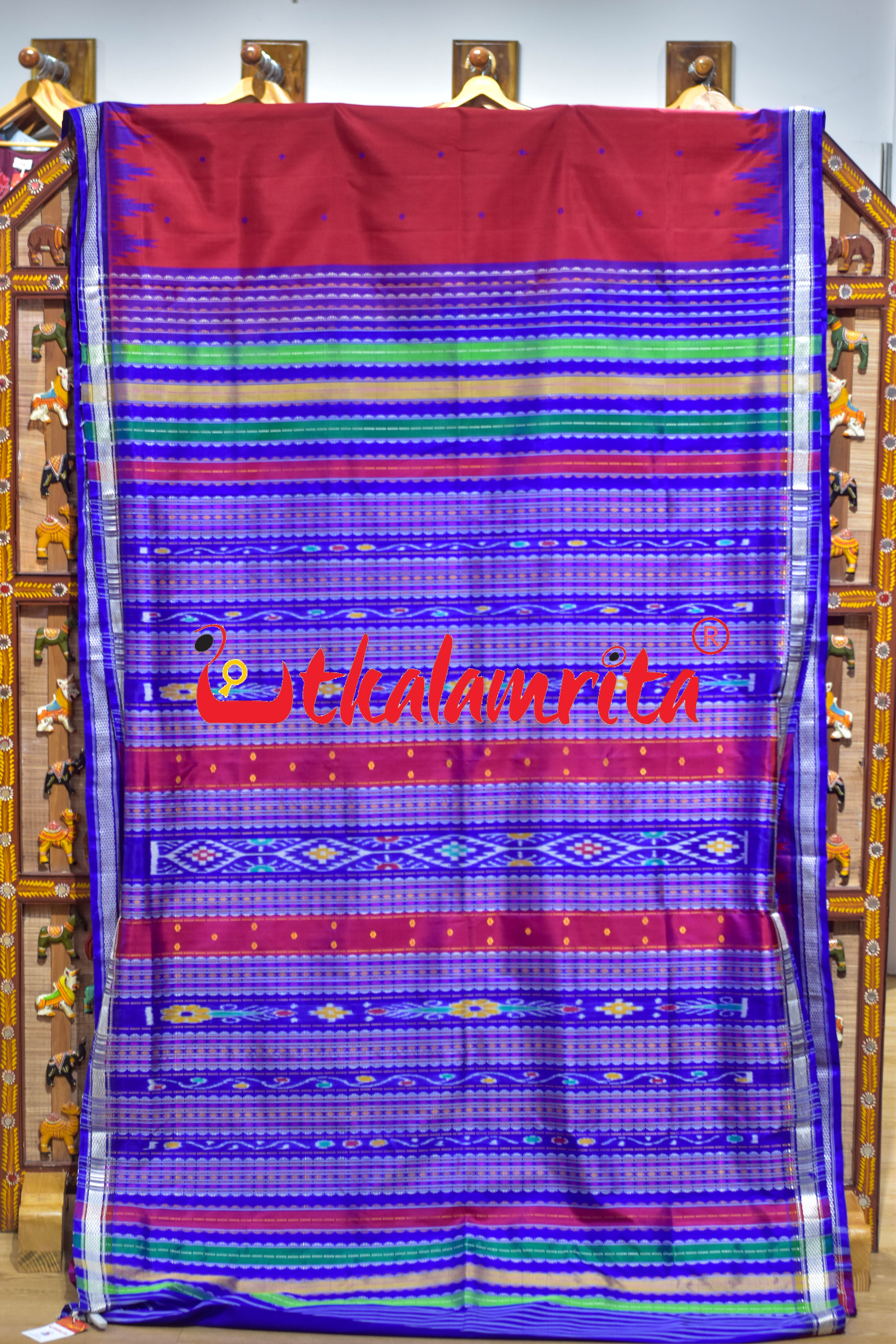 Blue Phula Buti On Red Double Anchal Berhampuri Silk Saree