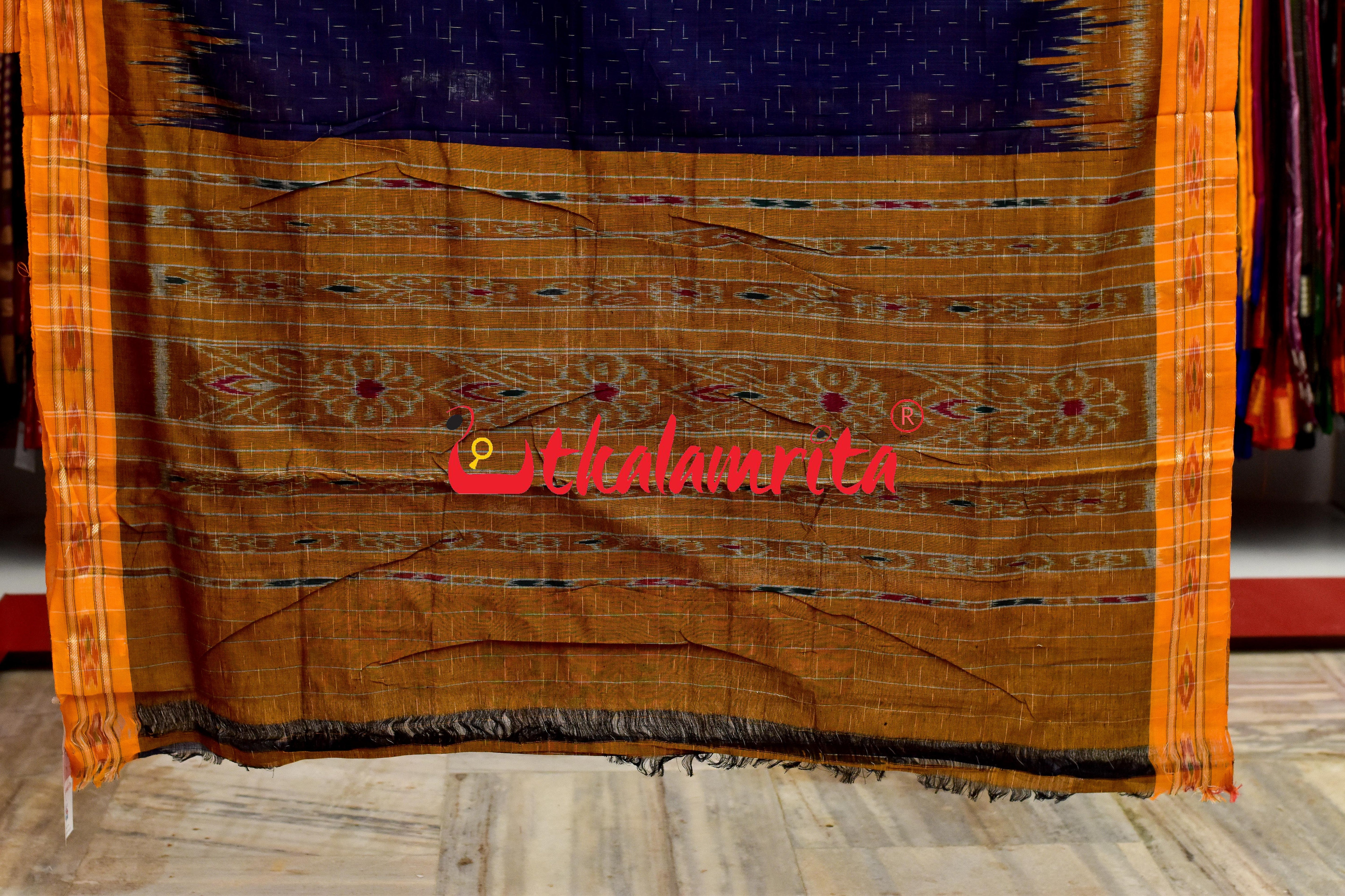 Navy Blue Yellow Jharana Khandua Cotton Saree