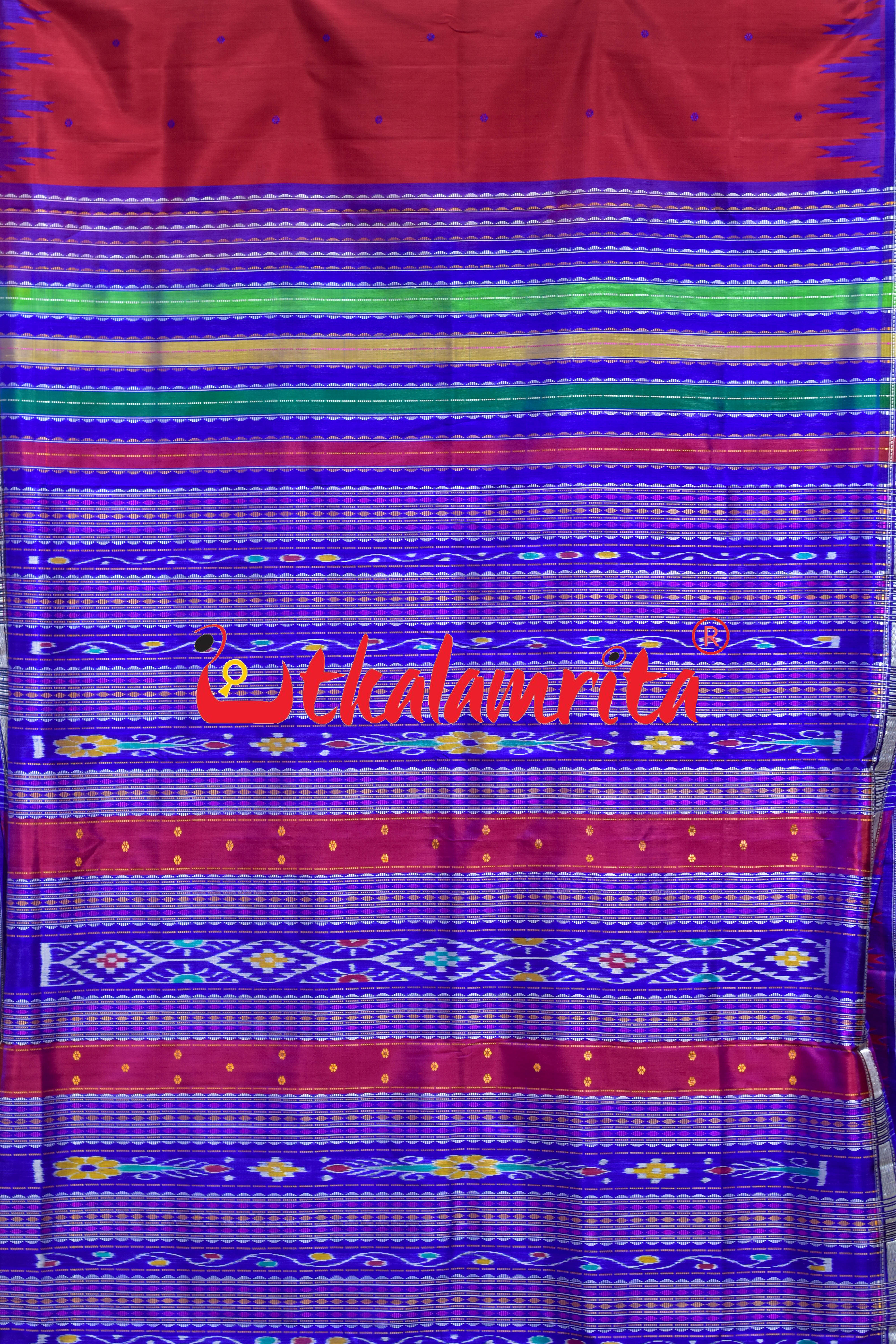 Blue Phula Buti On Red Double Anchal Berhampuri Silk Saree