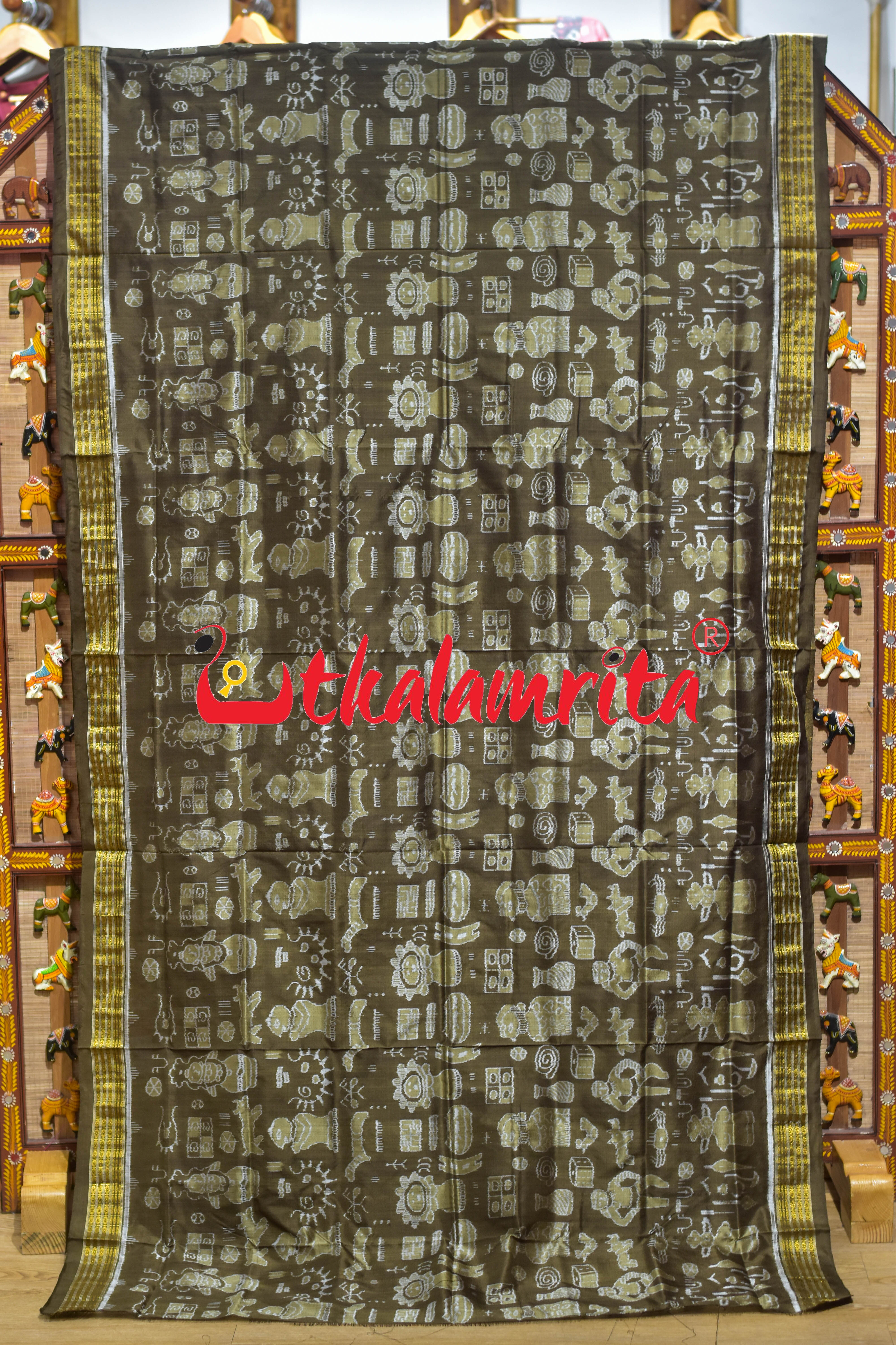Olive Green Half Tissue Harapa Design Sambalpuri Silk Saree