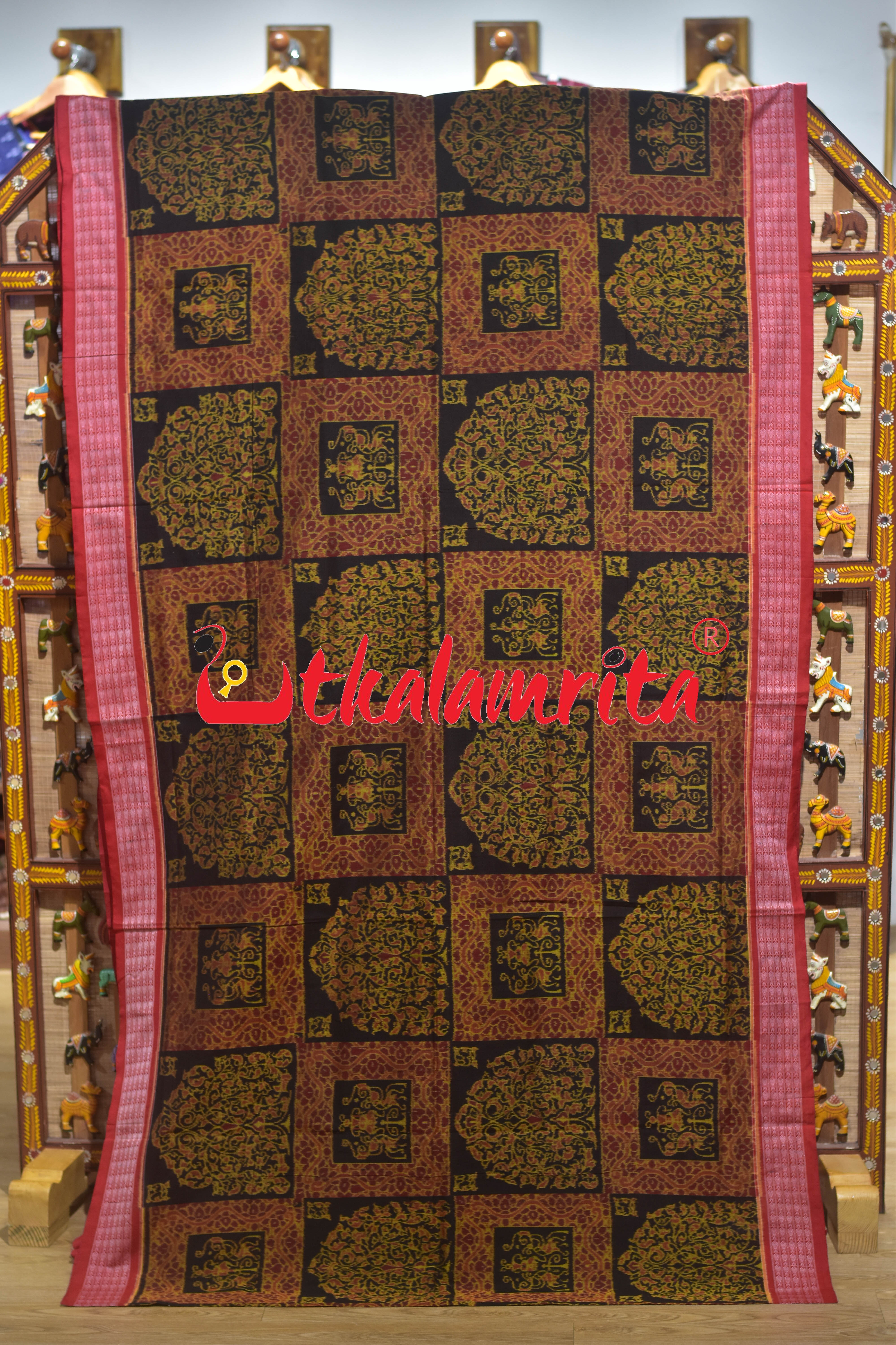 Tree of Life Black Red Tribal Sambalpuri Cotton Saree