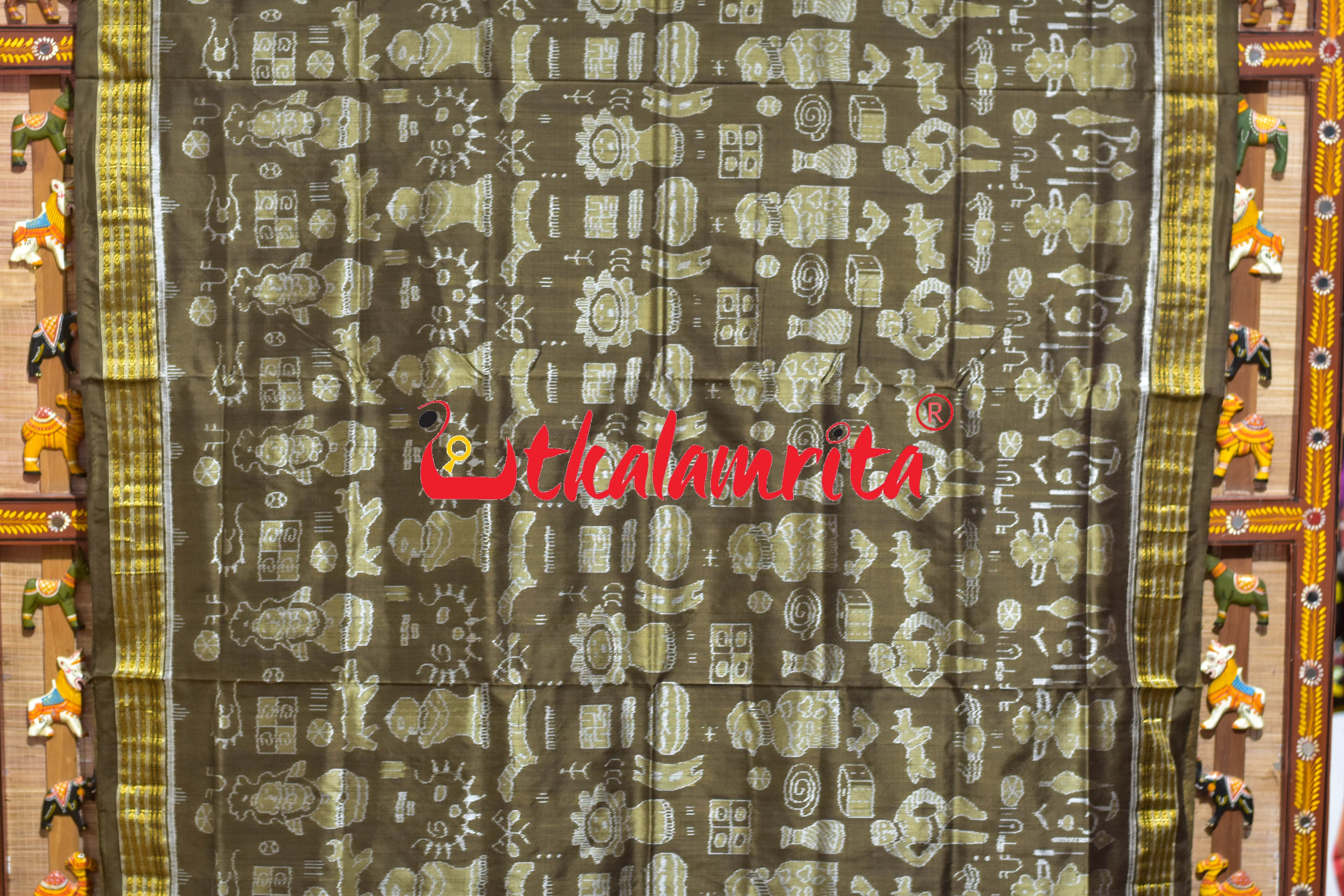 Olive Green Half Tissue Harapa Design Sambalpuri Silk Saree