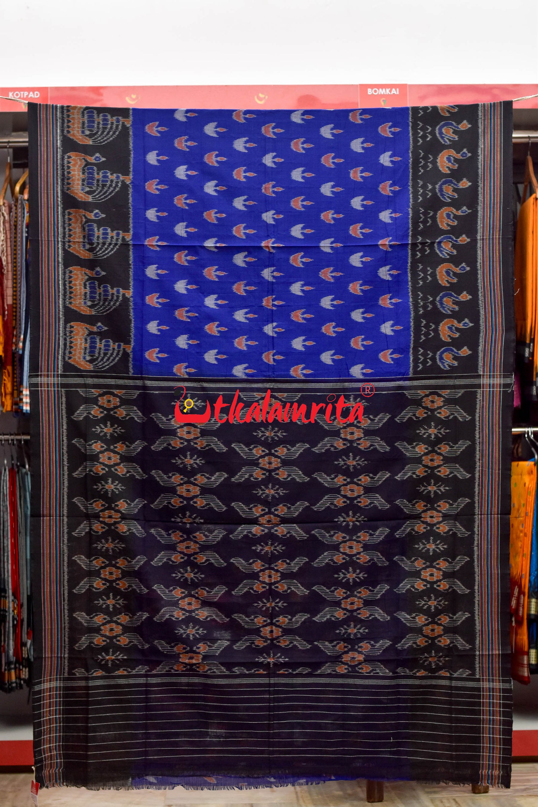 Deep Blue Boita & Ducks Khandua Cotton Saree