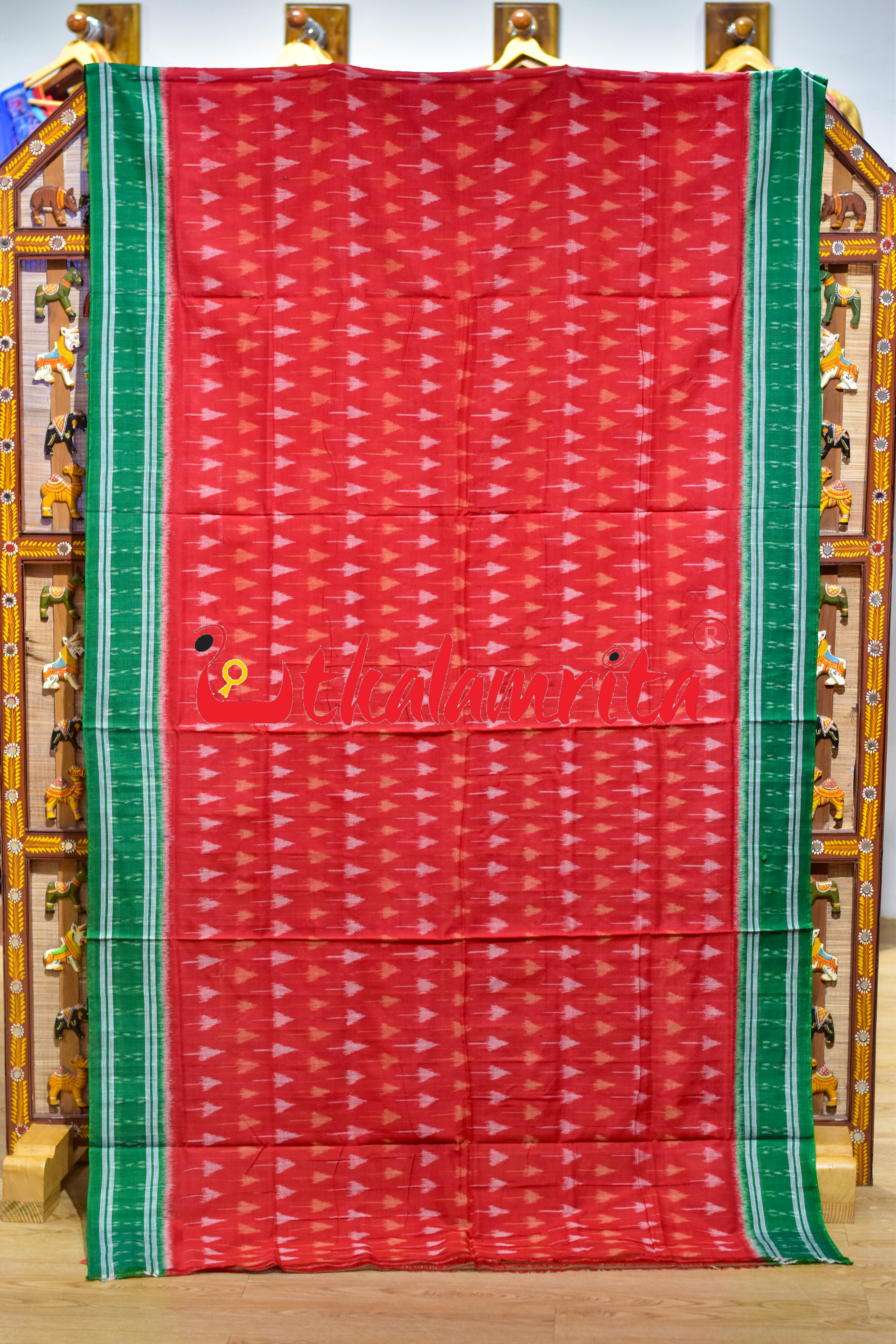 Red Chhatu with Green Border Khandua Cotton Saree