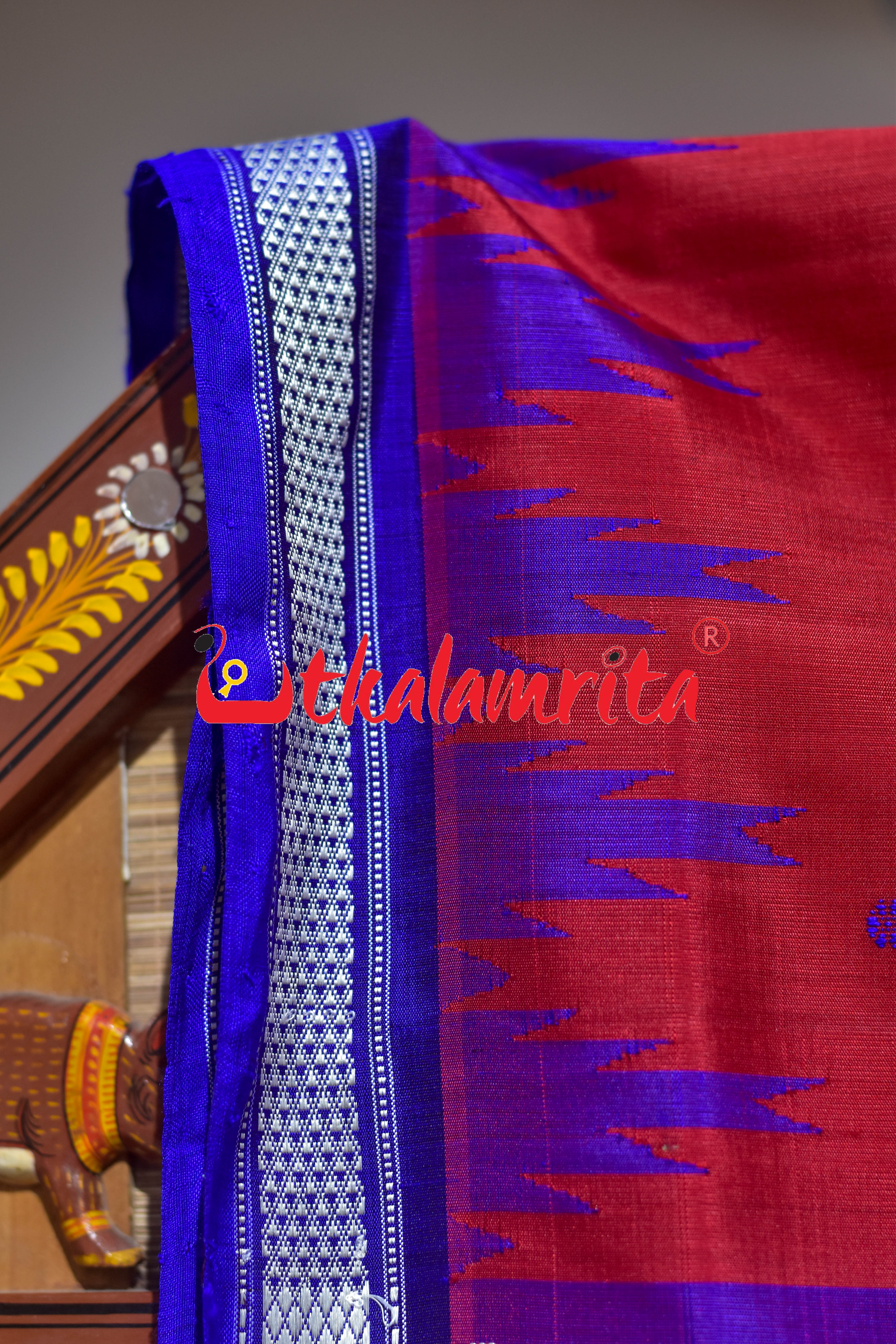 Blue Phula Buti On Red Double Anchal Berhampuri Silk Saree