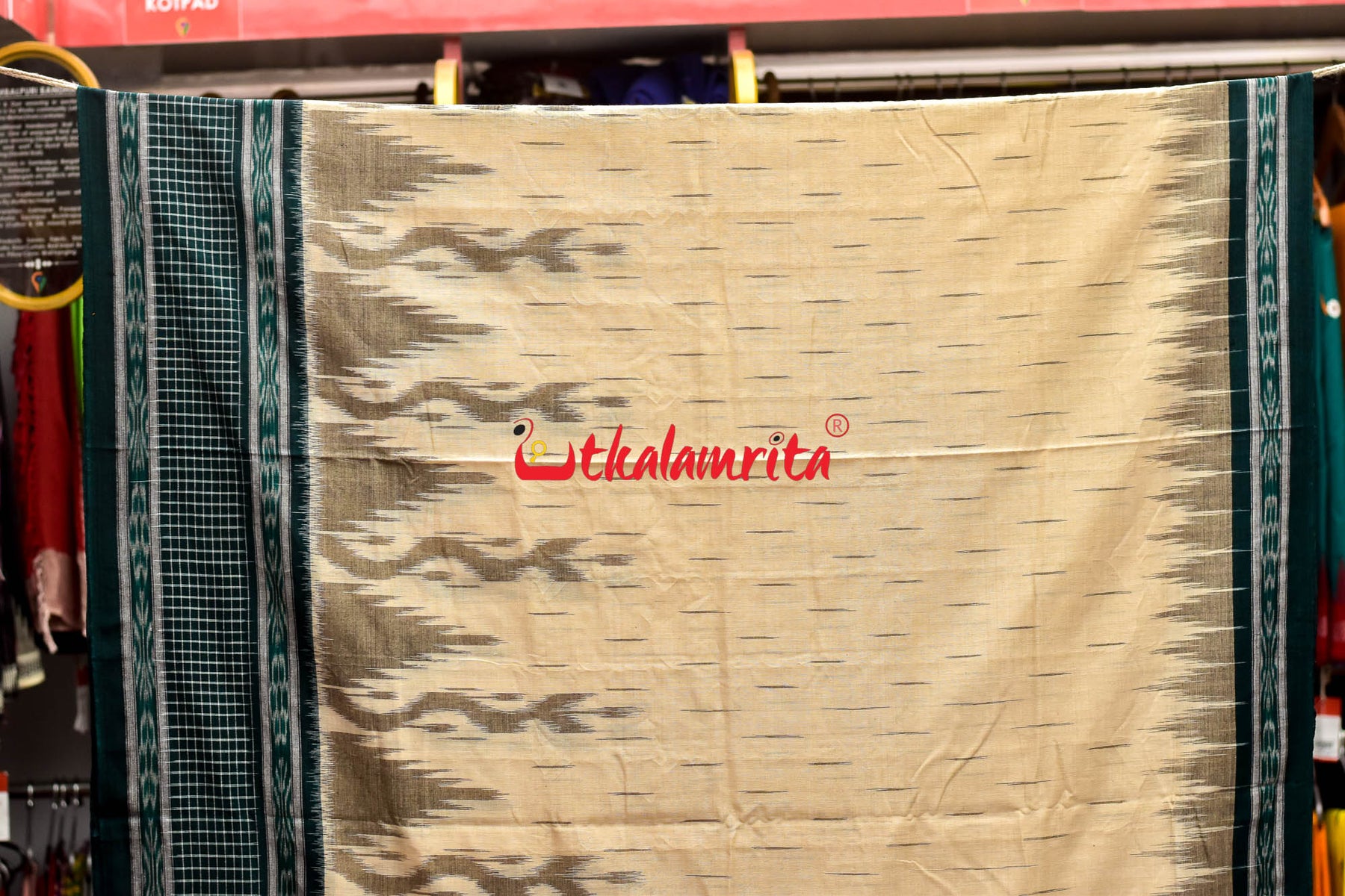 Off White Green Check Daali Scot Khandua Cotton Saree