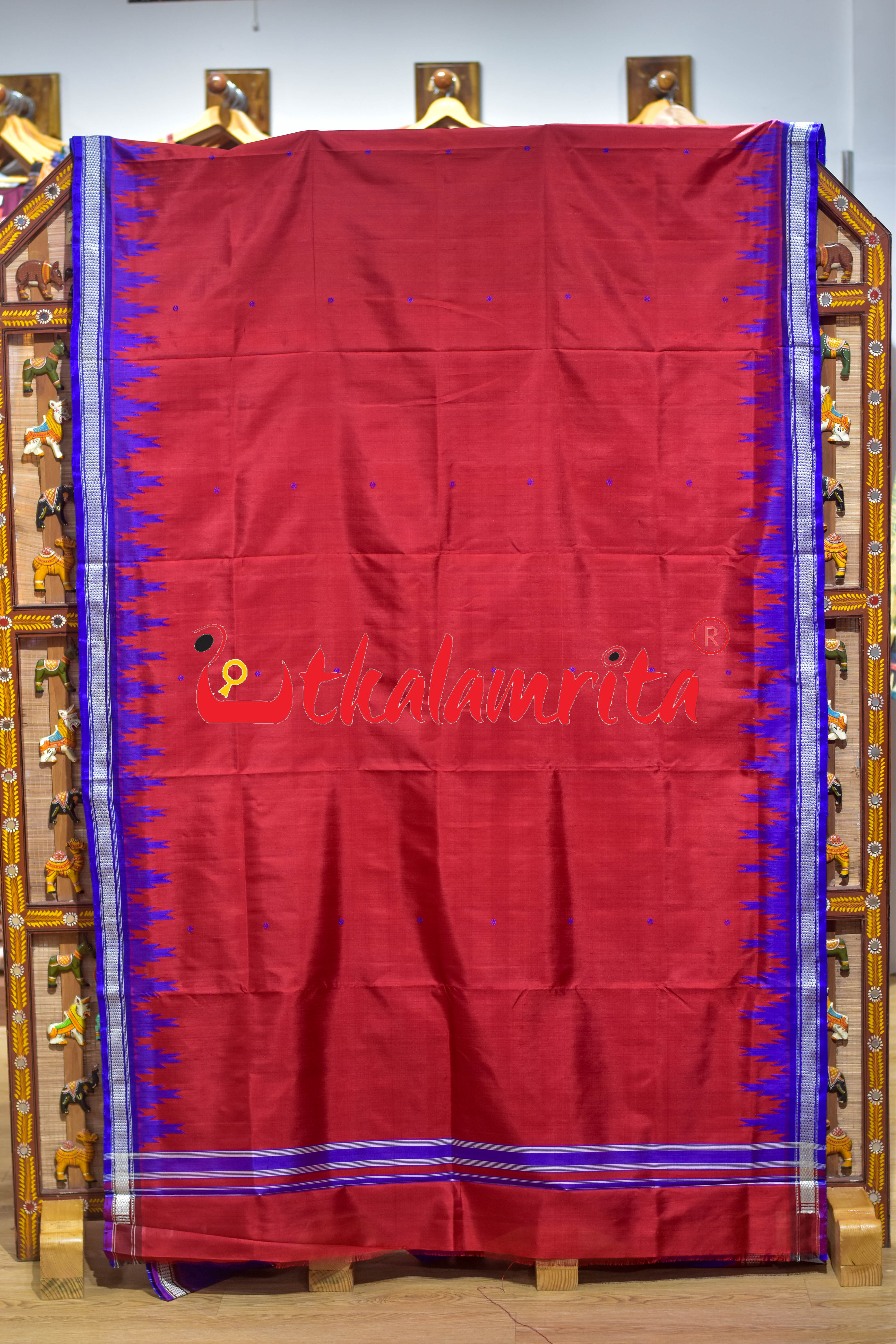 Blue Phula Buti On Red Double Anchal Berhampuri Silk Saree