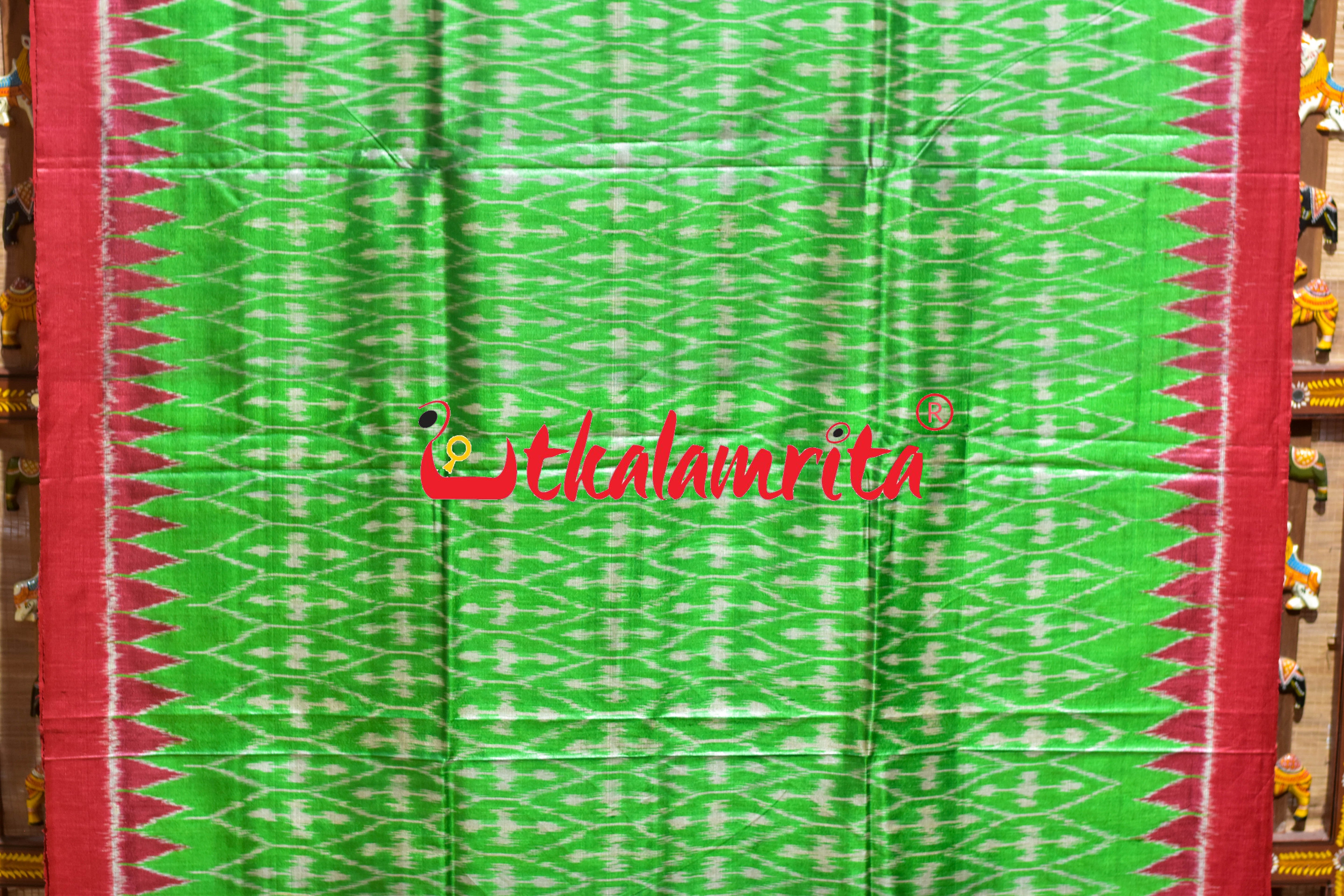 Light Green Body Ikat Red Kumbha Gopalpur Tussar Silk Saree