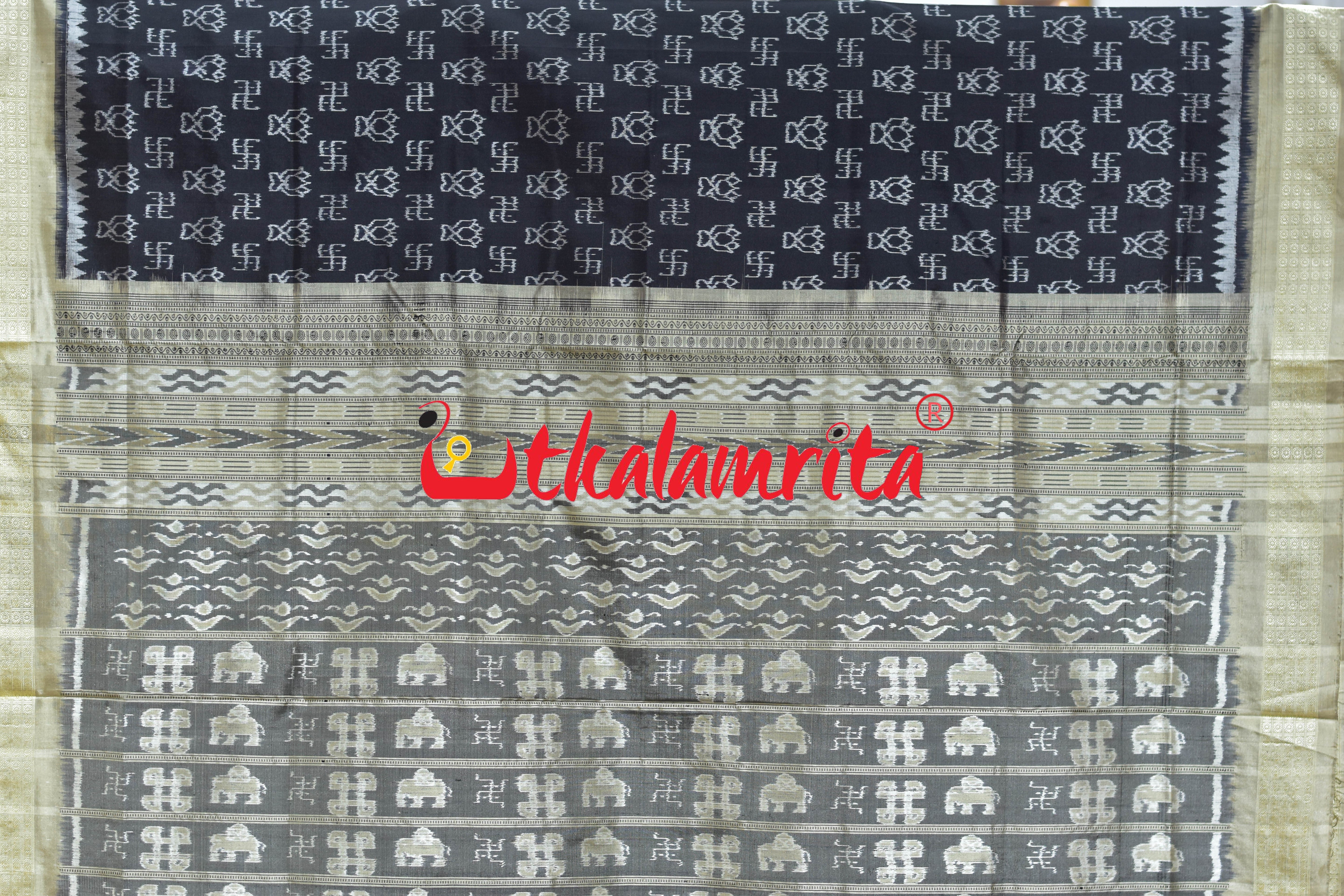 Black Cream Swastik Bandha Sambalpuri Silk Saree