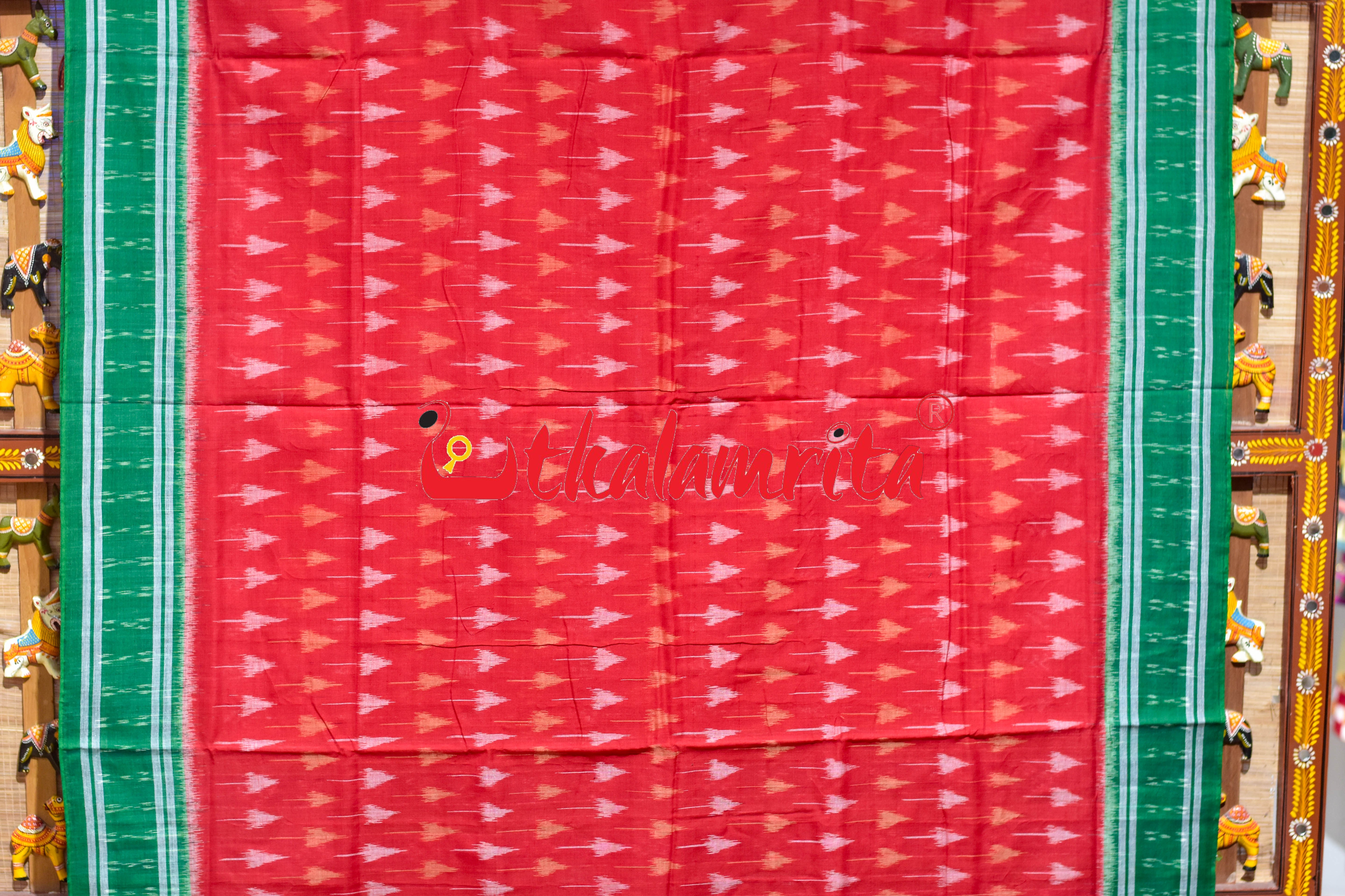 Red Chhatu with Green Border Khandua Cotton Saree