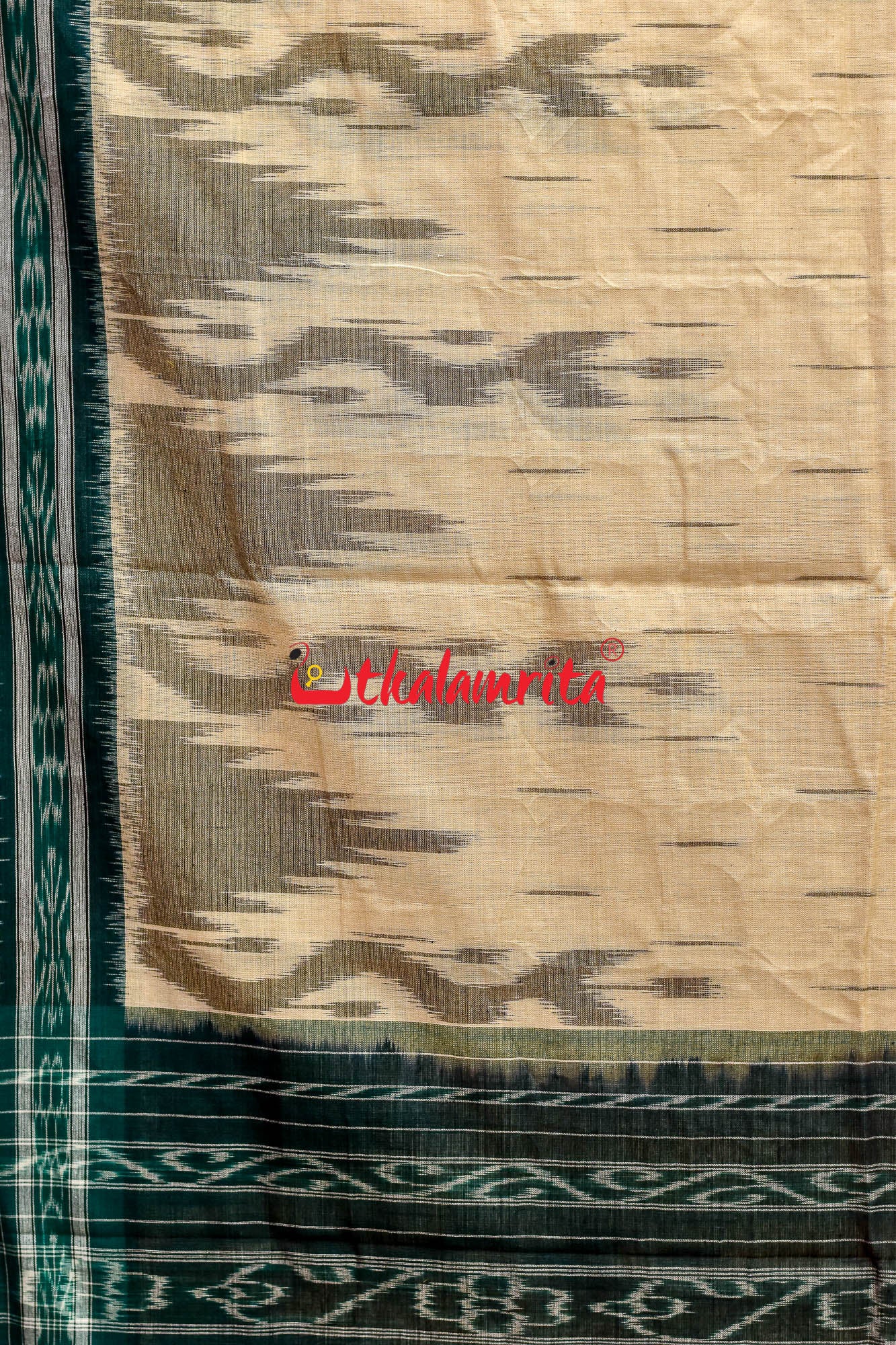 Off White Green Check Daali Scot Khandua Cotton Saree