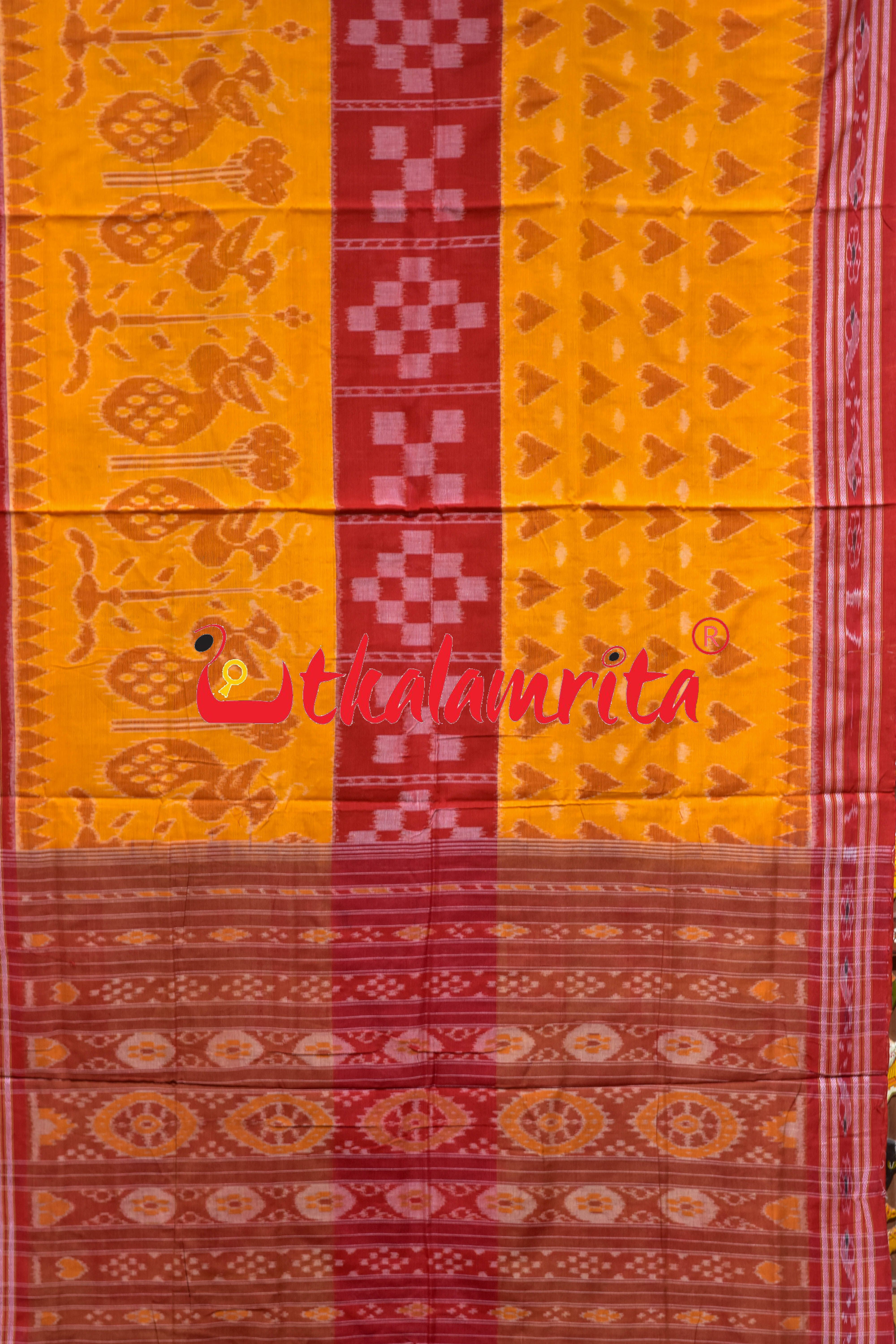 Yellow Kulfi Design Double Border Khandua Cotton Saree