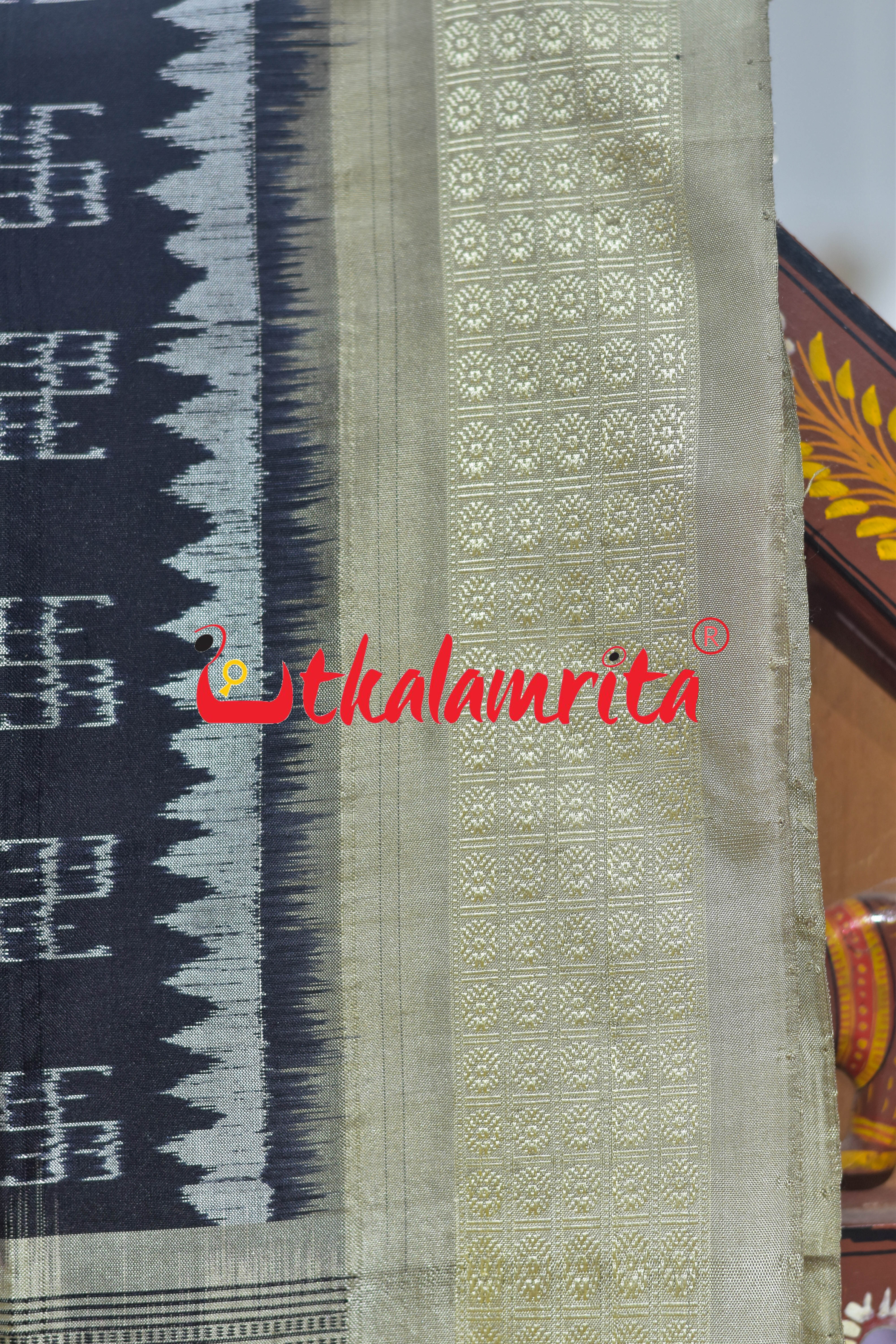 Black Cream Swastik Bandha Sambalpuri Silk Saree