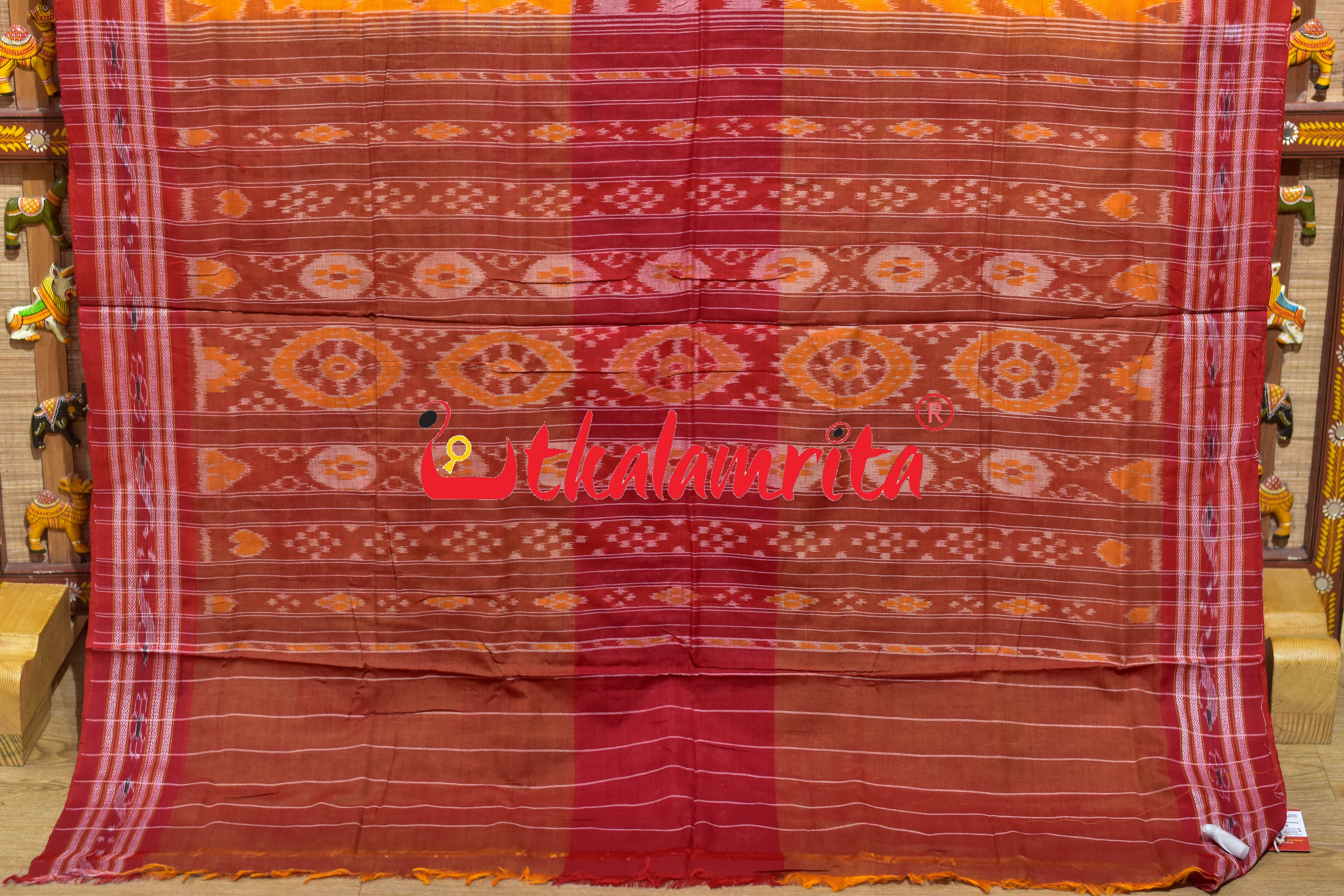 Yellow Kulfi Design Double Border Khandua Cotton Saree